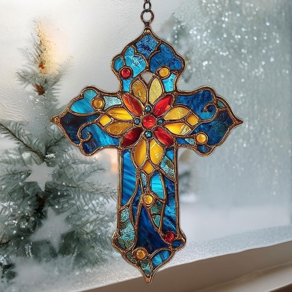 Mosaic Style Christian Cross Tiffany Effect Acrylic Suncatcher Stained Glass Effect Window Car Hanging Christmas Ornament Indoor Outdoor Decor Garden Sun Catcher Panel for Women Mom Grandma
