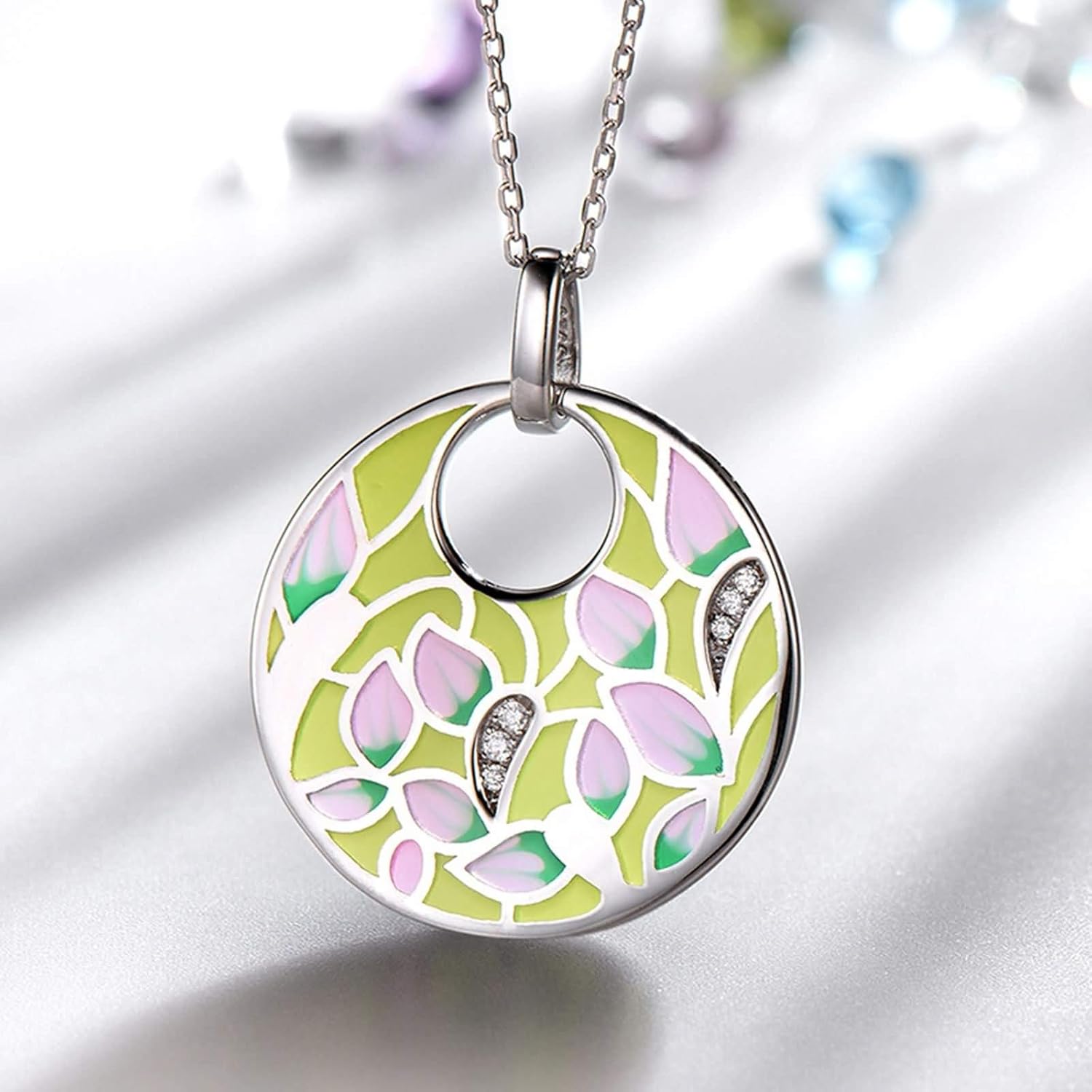 Sterling Silver Necklace Pendant Women Round with White Cubic Zirconia Leaf Pendant Necklaces Light Yellow Pink