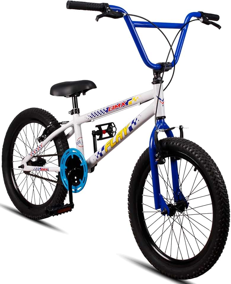Bicicleta Aro 20 BMX Infantil Flay Aro Aero Freio V-Brake Menino 6, 7, 8, 9, 10 + anos - Branco+Azul