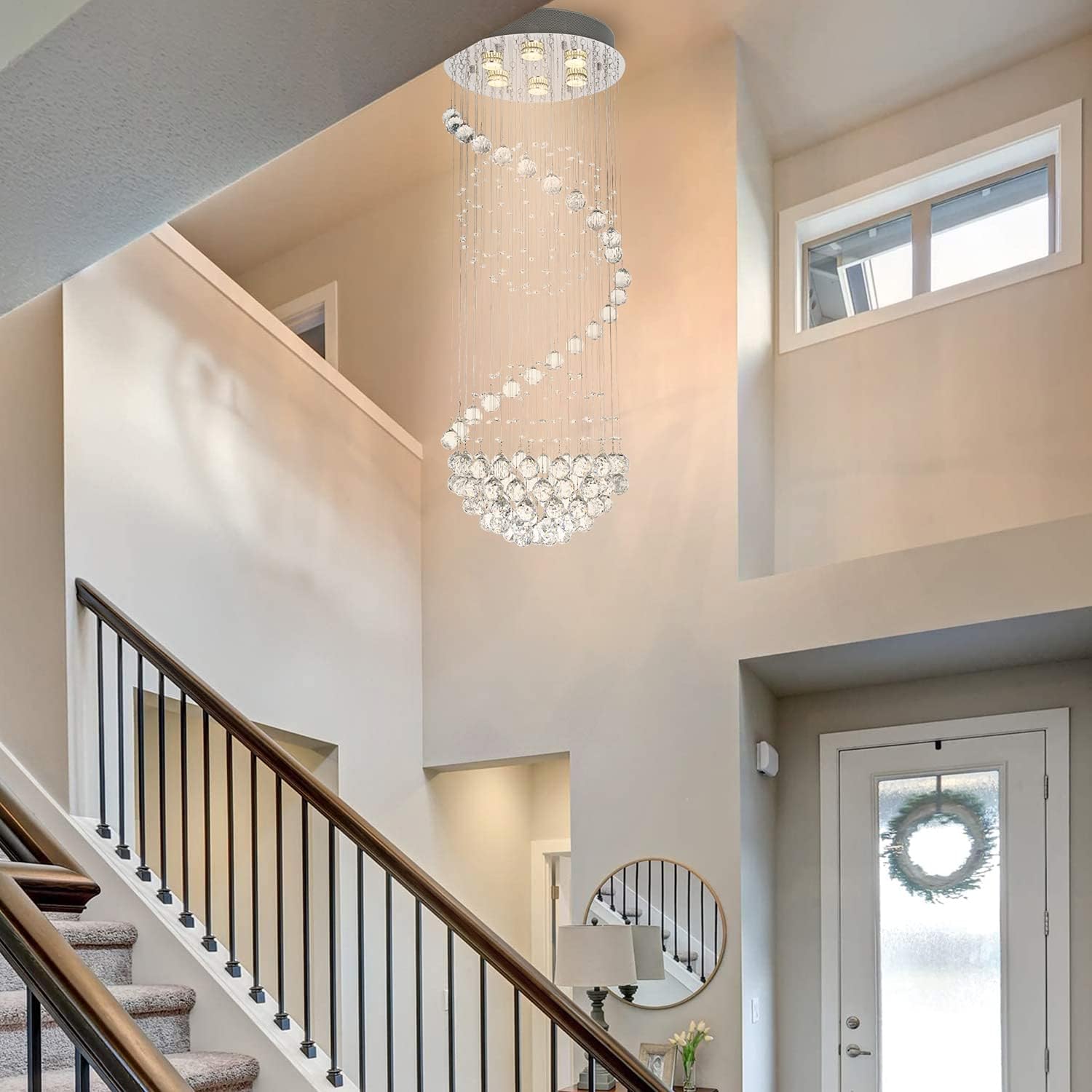Modern Crystal Chandelier Lighting, Clear K9 Glass Crystal Ceiling Light, Luxurious Spiral Sphere Flush Mount Lights for Living Room Hallway Foyer Entryway Corridor, Size: D15.7'' H43.3''