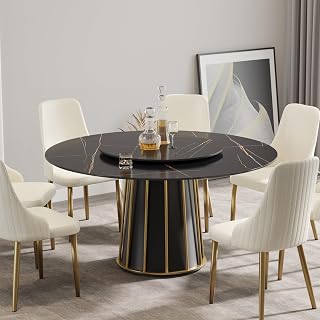 59 Inches Black Round Dining Table with Turntable, Modern Artificial Stone Dining Table with Sintered Stone Tabletop & Metal Base, Kitchen Table Dining Room Table for 6 (Table Only)