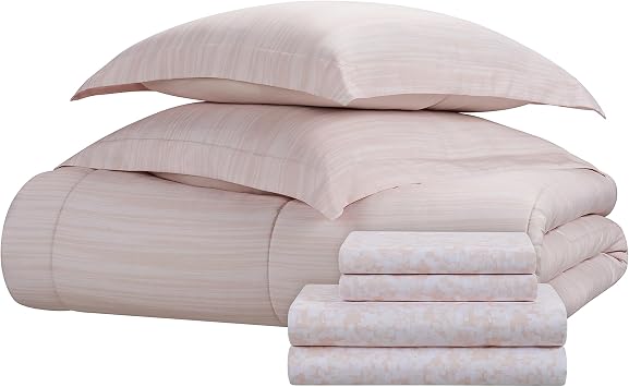 Nine West Sydney 7 Piece Reversible Stripe Bed in a Bag Complete Bedding Comforter Set with Sheets and Pillow Case for All Season, Queen, Mauve