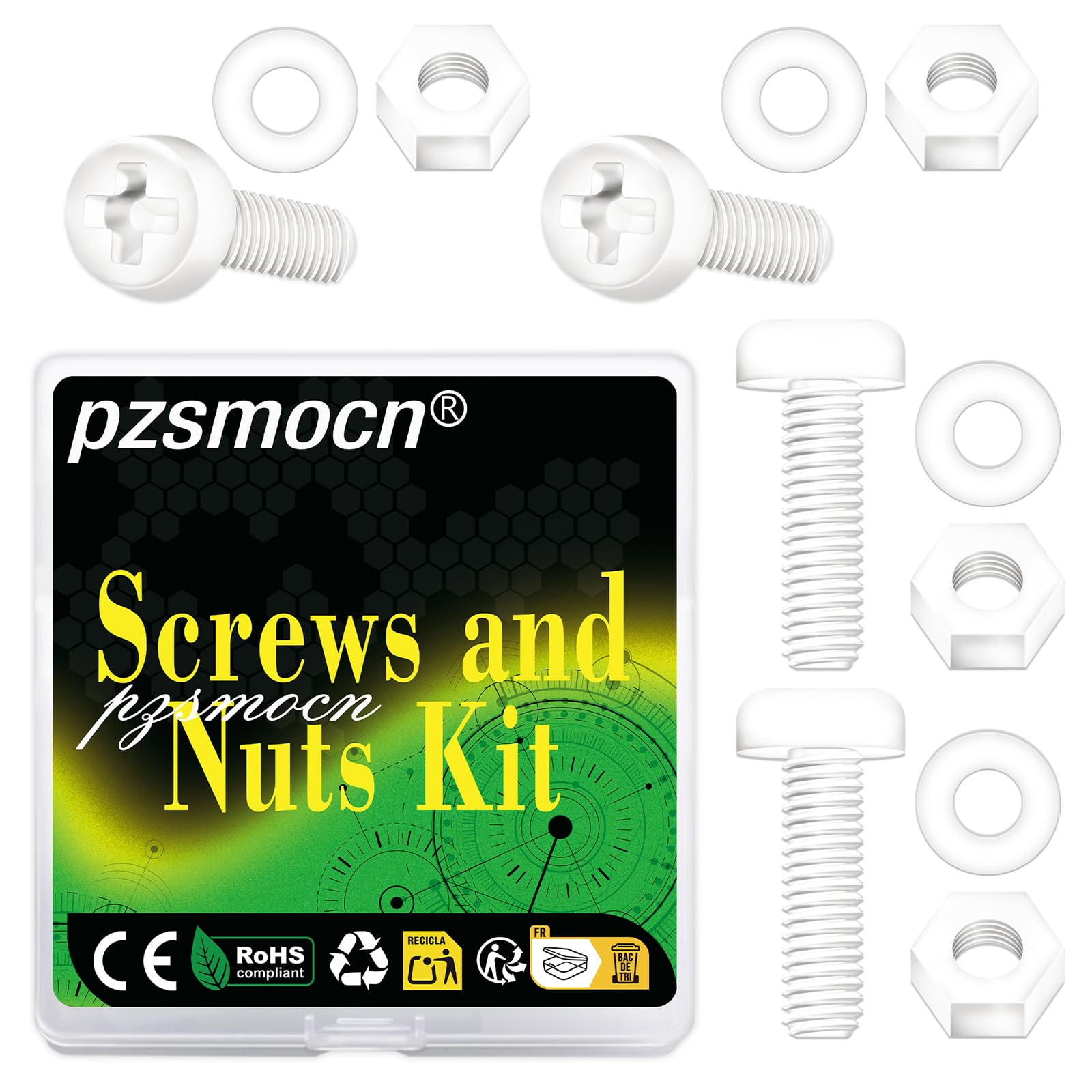Pzsmocn 240 Pieces/80 Sets M4*40 mm Plastic White Nylon Cross Round Head Screw Hexagonal Nut Combination Kit, with Insulating Washers, Standard Size, For DIY and Electronic Assembly. — image 1