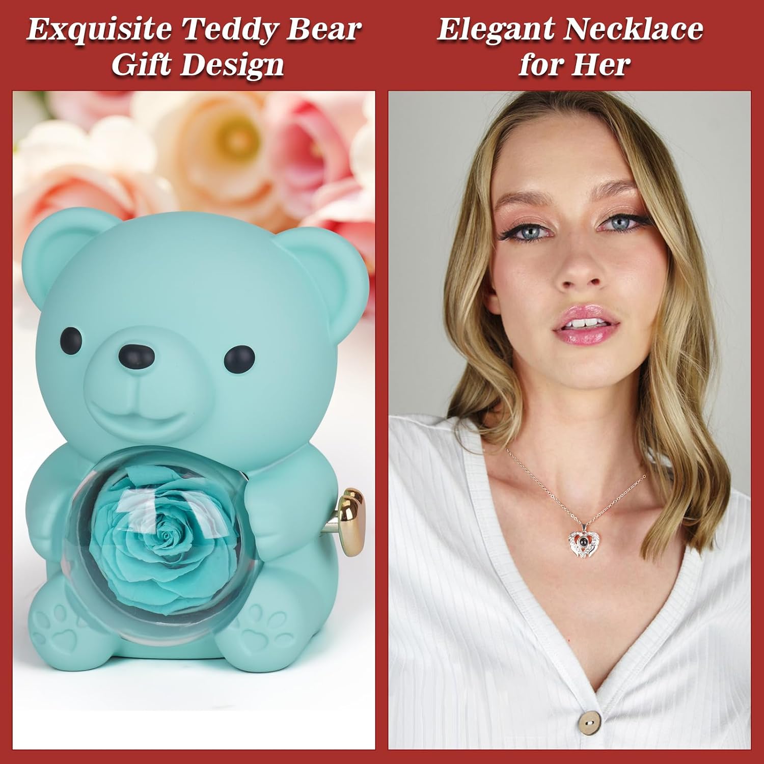 Teddy Bear Preserved Rose Gifts with 100 Languages I Love You Necklace & Love Puzzle, Mothers Day Rose Gifts for Mom, Eternal Rose Bear, Anniversary Birthday Gift for Women, Wife, Girlfriend, Blue