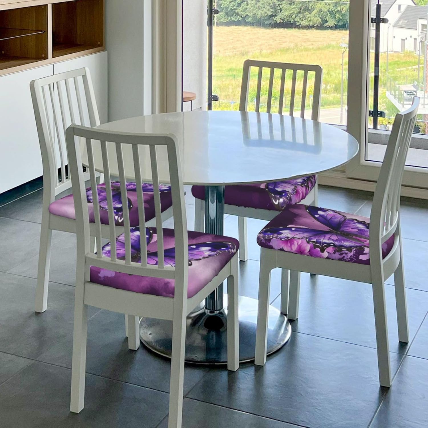 Flower and Butterfly Print Square Cushion Covers 6 Pcs Set Elastic Non-Slip Seat Cushion Slipcovers Pet Furniture Protectors for Chair, Sofa