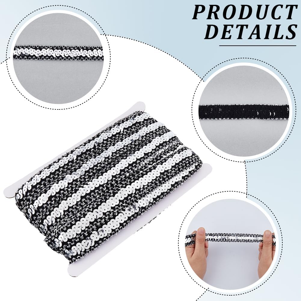 20 Yards 20MM Silver Black Sequin Trim Elastic Flat Sequins Stretch Beaded Ribbon Spangle Paillette Metallic Glitter Strip Trim Bulk for Sewing Making Crafts Dresses Costume Wedding Clothes