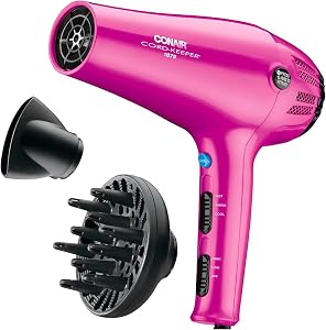 Conair 1, 875-Watt Cord-Keeper Styler, 1 Count, Pink, 1 EA (209BCR) | 1875W, Retractable Cord, for Multiple Hair Types, Includes Diffuser and Concentrator, Pink, 209BCX
