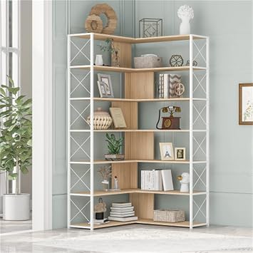 VERYKE 7-Tier Bookcase L-Shaped Bookcase Home Corner Bookshelf with Metal Frame and Open Storage Industrial Style Display Shelf for Home OfficeOak