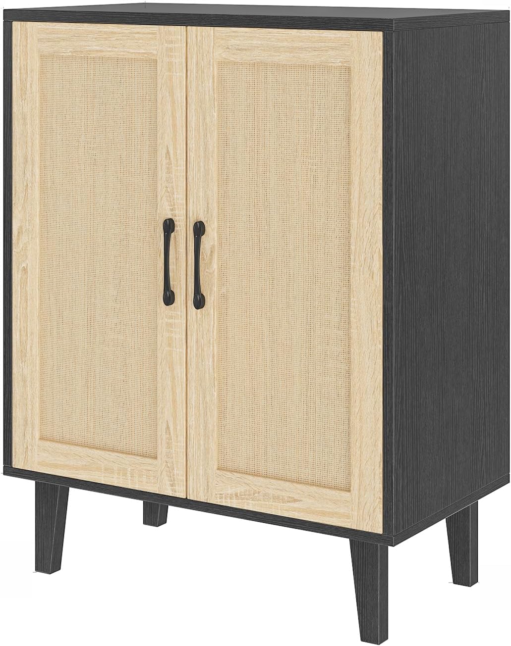 Buffet Cabinet Sideboard with Rattan Decorated Doors Kitchen Storage Cupboard Accent Cabinet (Black)