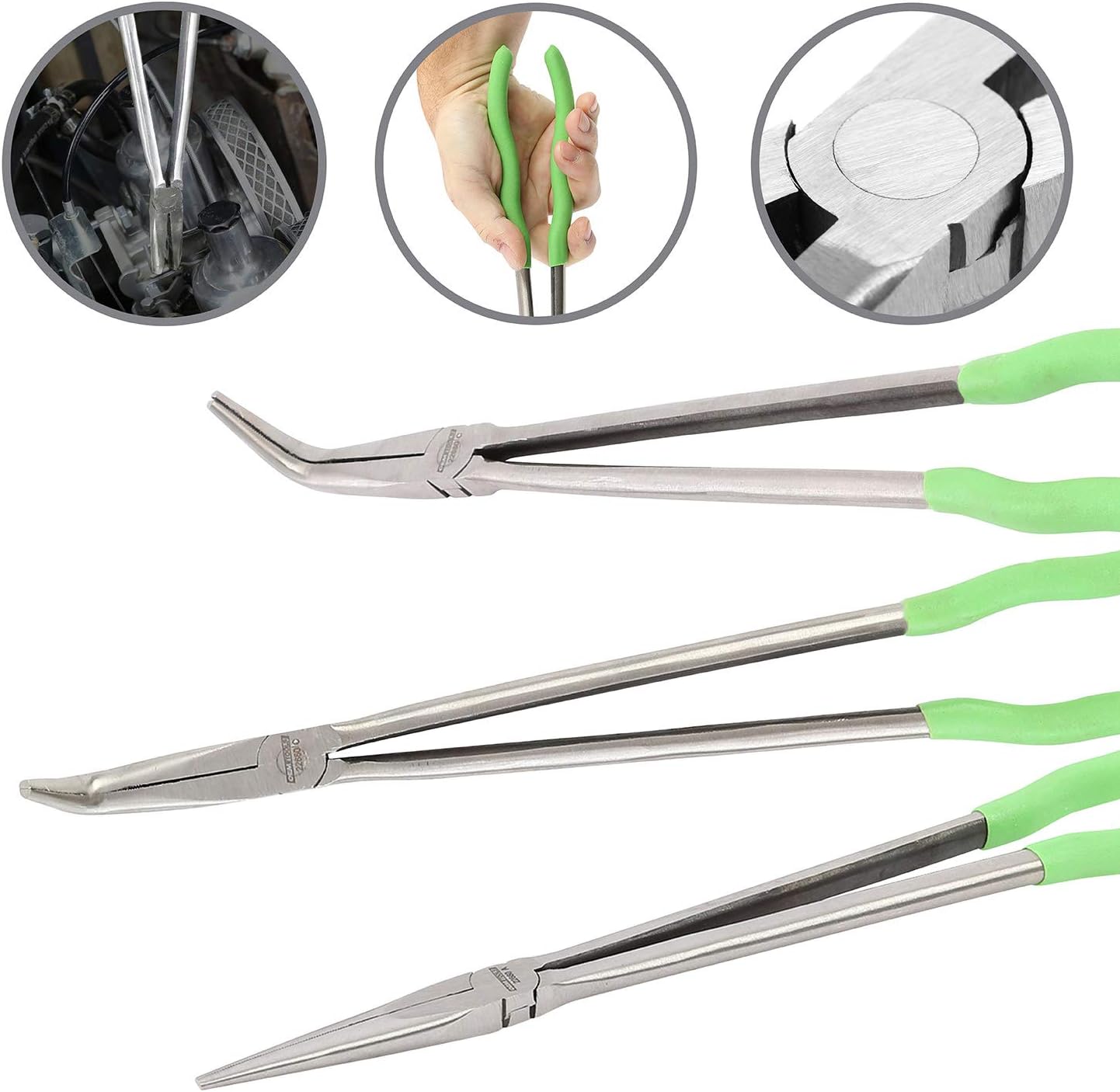 OEMTOOLS 22660 16 Inch Long Nose 3 Piece Pliers Set, 90 Degree Pliers, Straight Pliers, and 45 Degree Pliers, Clamp Hoses and Handle Delicate Work Pieces in Narrow Spaces