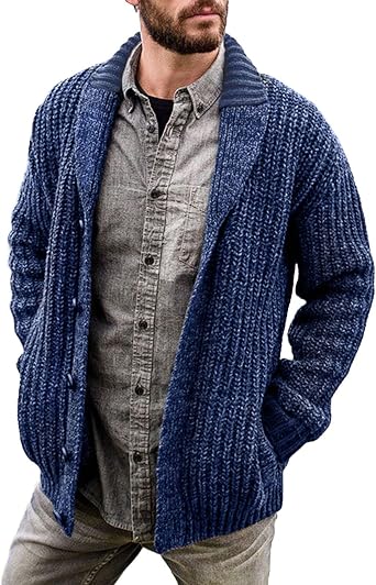ZYXTIM Mens Cable Knit Cardigan Sweater Shawl Collar Open Front Button Down Thermal Winter Jacket Coat Outerwear with Pockets