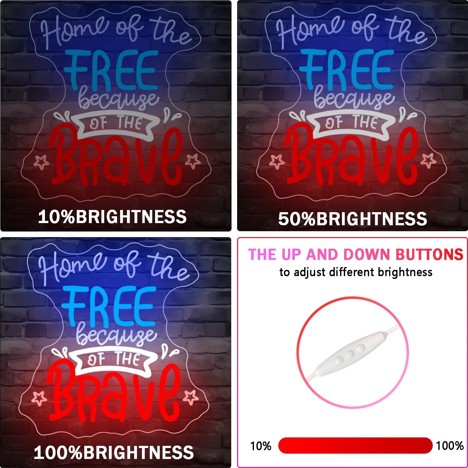 Home of The Free Because of The Brave Neon Sign,Patriotic Neon Sign Dimmable Memorial Day LED Sign, USB Powered, Veteran Gift, Classic Red, White and Blue Sign for Room Decor