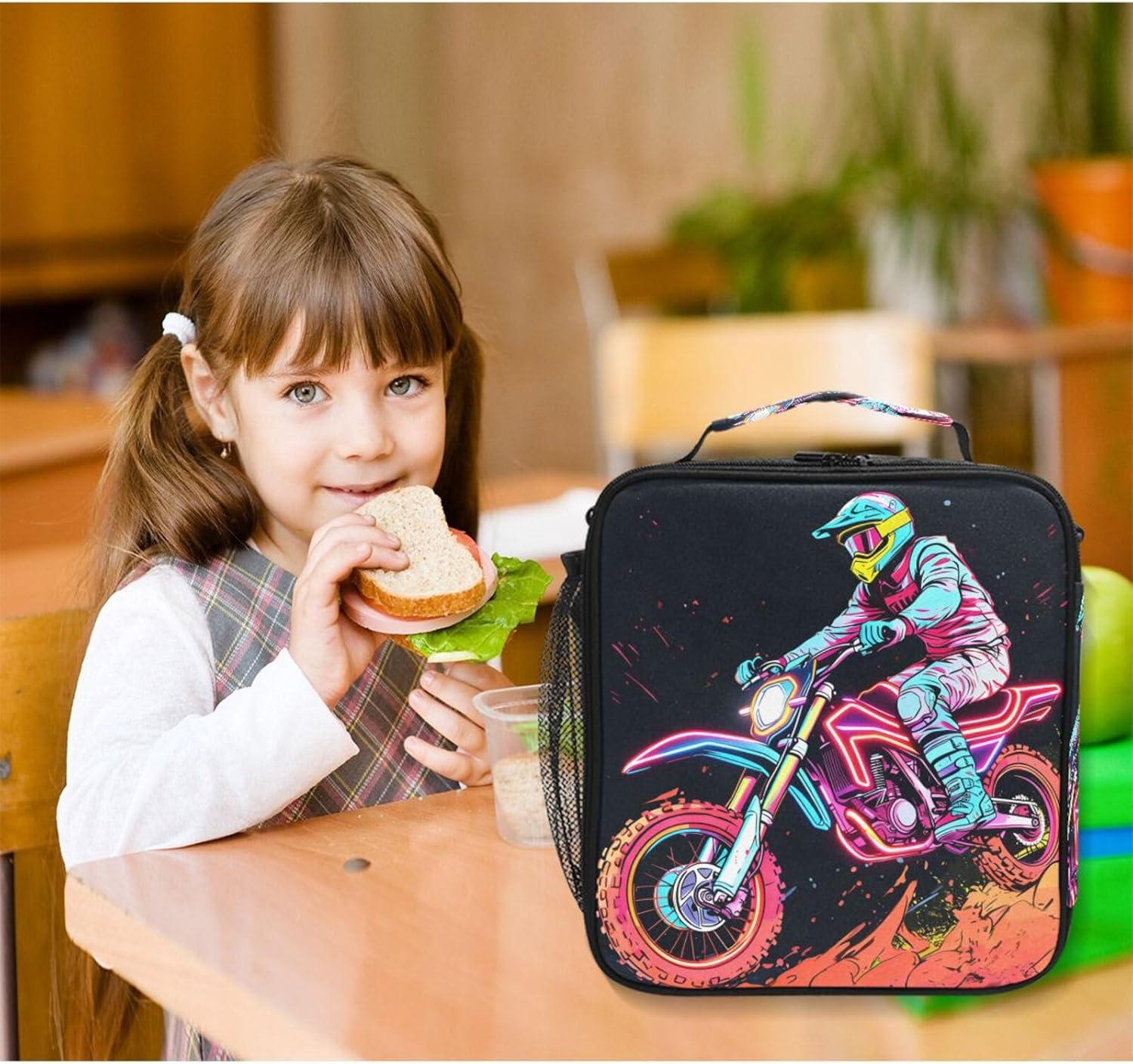 Lunch Box Motocross Motorcycle Race Prep Kids Cooler Insulated Lunch Bag Tote Freezable Shoulder Strap Waterproof Picnic Meal for School Office
