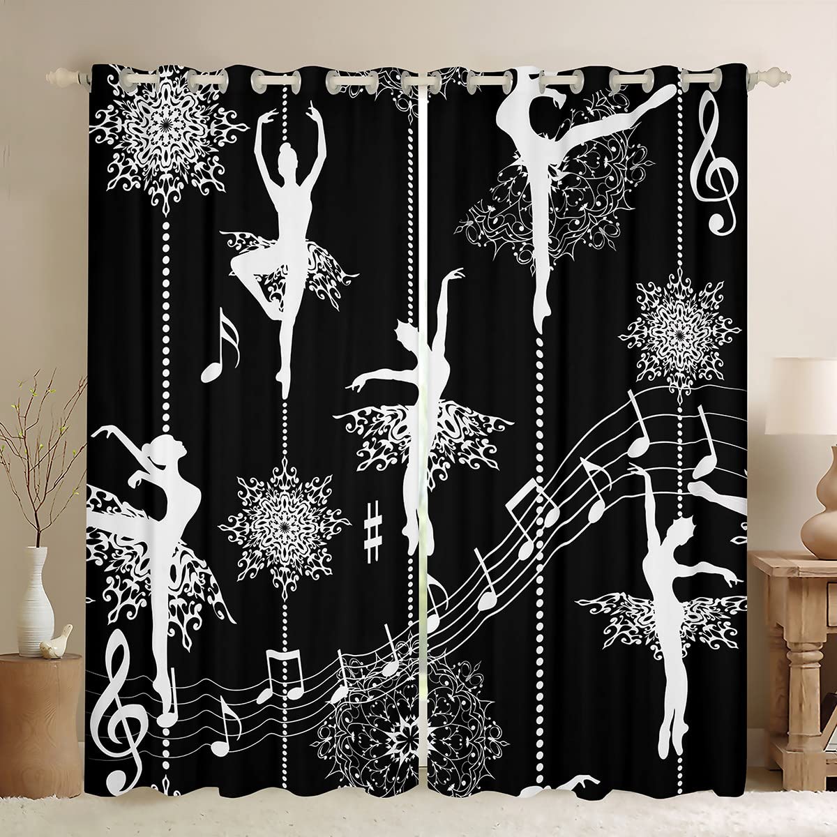 Girls Ballet Dancer Window Curtains for Bedroom Living Room Boho Mandala Curtain Music Notes Window Drapes for Kids Boys Teens Black and White Flowers Window Treatments,W66*L72
