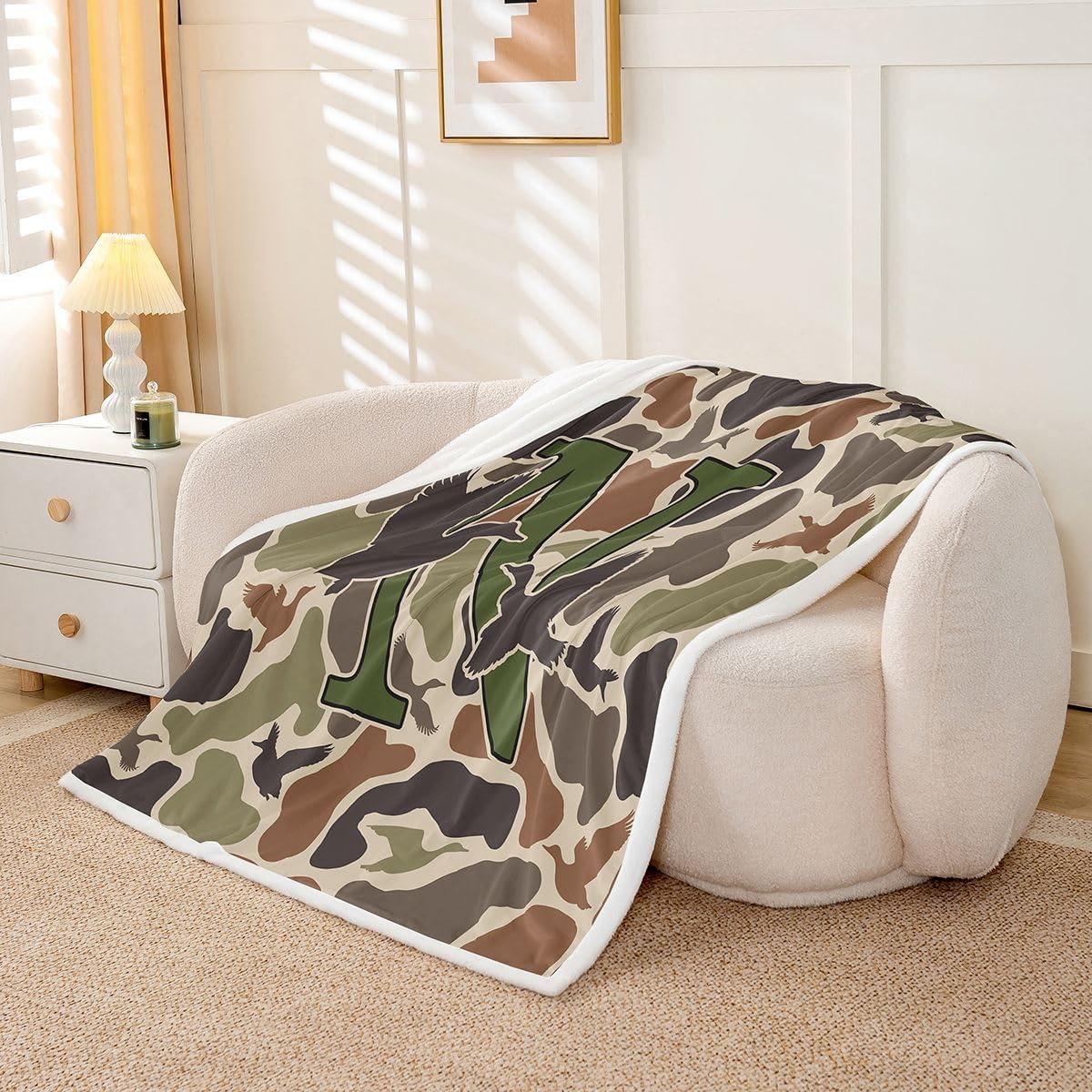 Erosebridal Camo Duck Fleece Blanket Twin 60"x80" Camouflage Warm Plush Sherpa Blanket Hunter Personalized Letter N Fuzzy Plush Throw Initial Army Green Military Room Decor