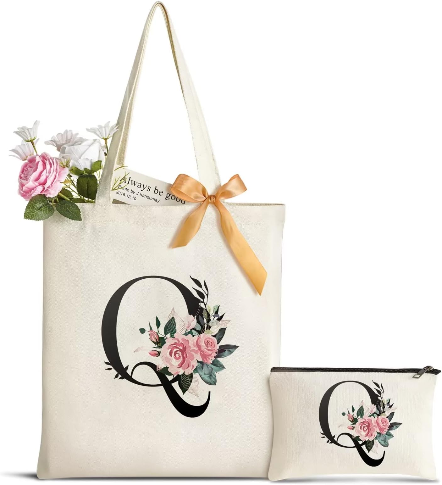 AUNOOLInitial Floral Canvas Tote Bag 2 Pockets, Personalized Wedding Gift Bag for Women Bridesmaid, Cosmetic Makeup Bag