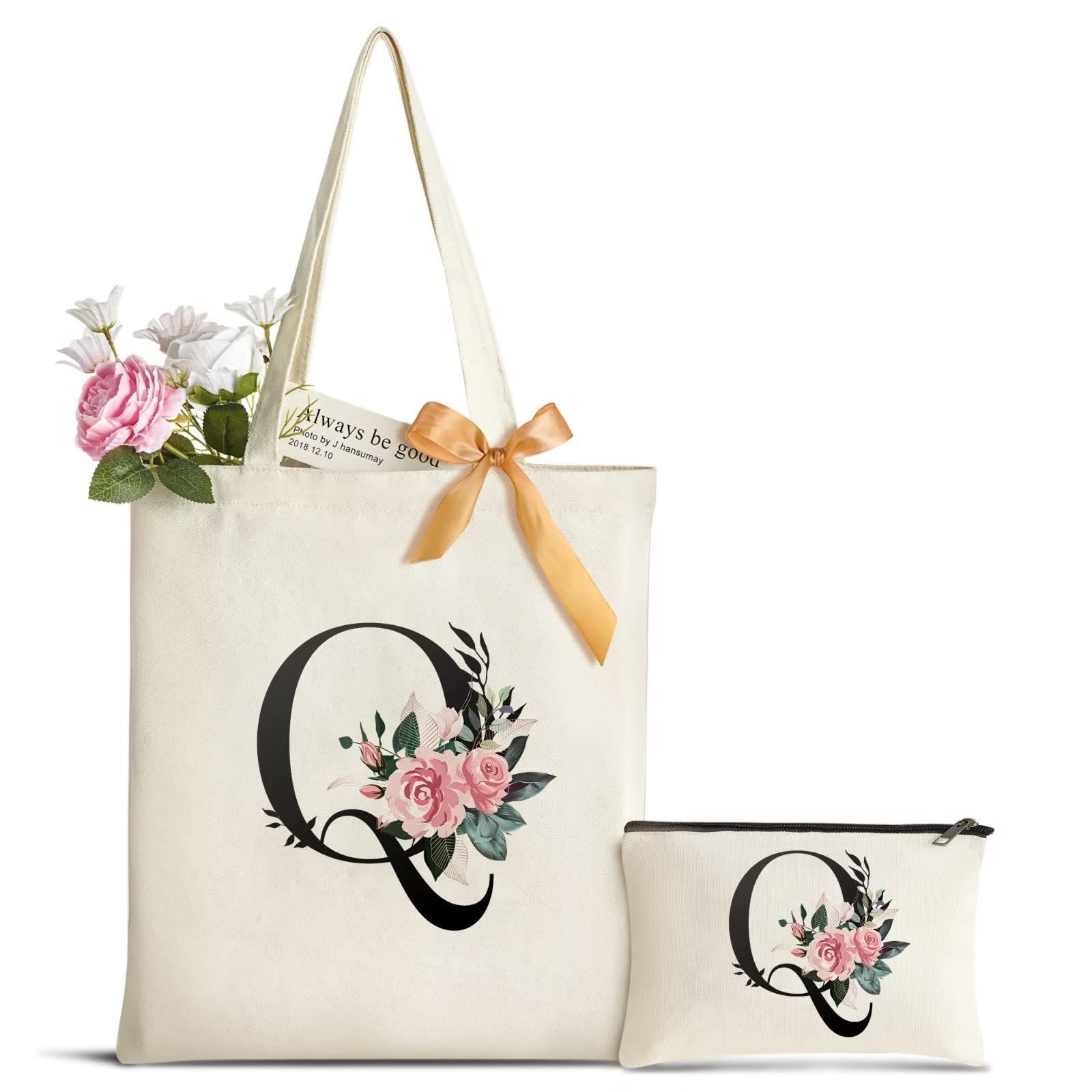 AUNOOLInitial Floral Canvas Tote Bag 2 Pockets, Personalized Wedding Gift Bag for Women Bridesmaid, Cosmetic Makeup Bag