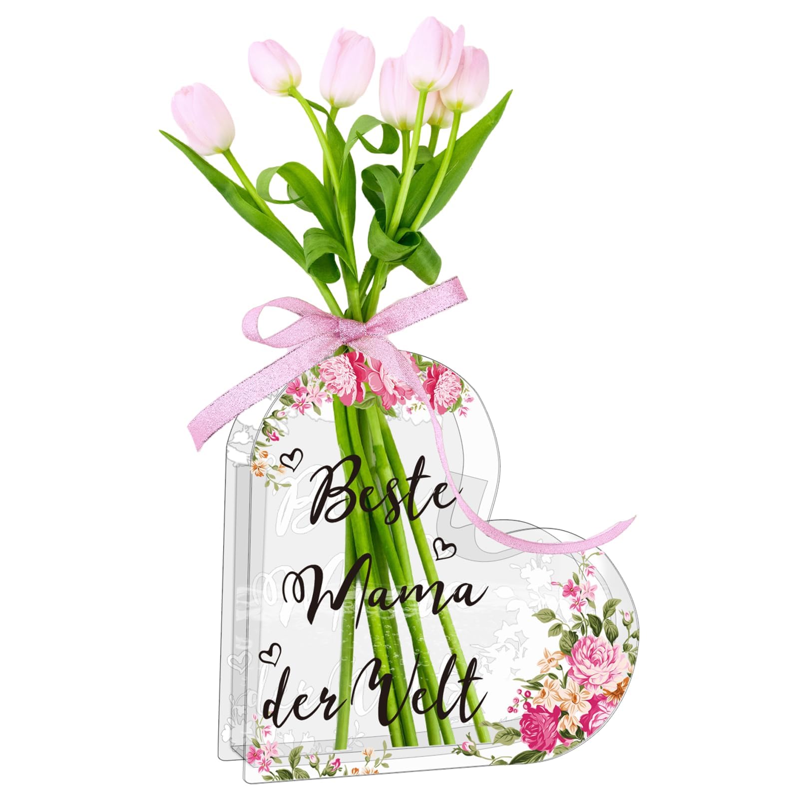 Wryzorix Geschenke für Mama,Beste Mama der Welt Herz Acrylic Vase für Blumen Geschenk,Muttertag Decoration Geburtstagsgeschenk Flower Vase,Passend für Tulpen, Blumenstrauß