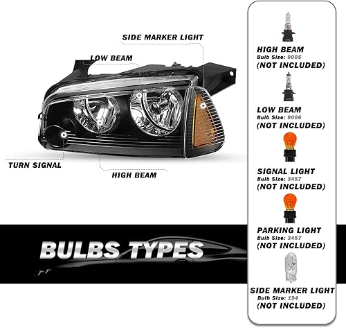 Miniatura 3 de SOCKIR Juego de 4 faros delanteros compatibles con Dodge Charger 2006-2010 con luz Singal de esquina, repuesto de faro halógeno OE para el lado del