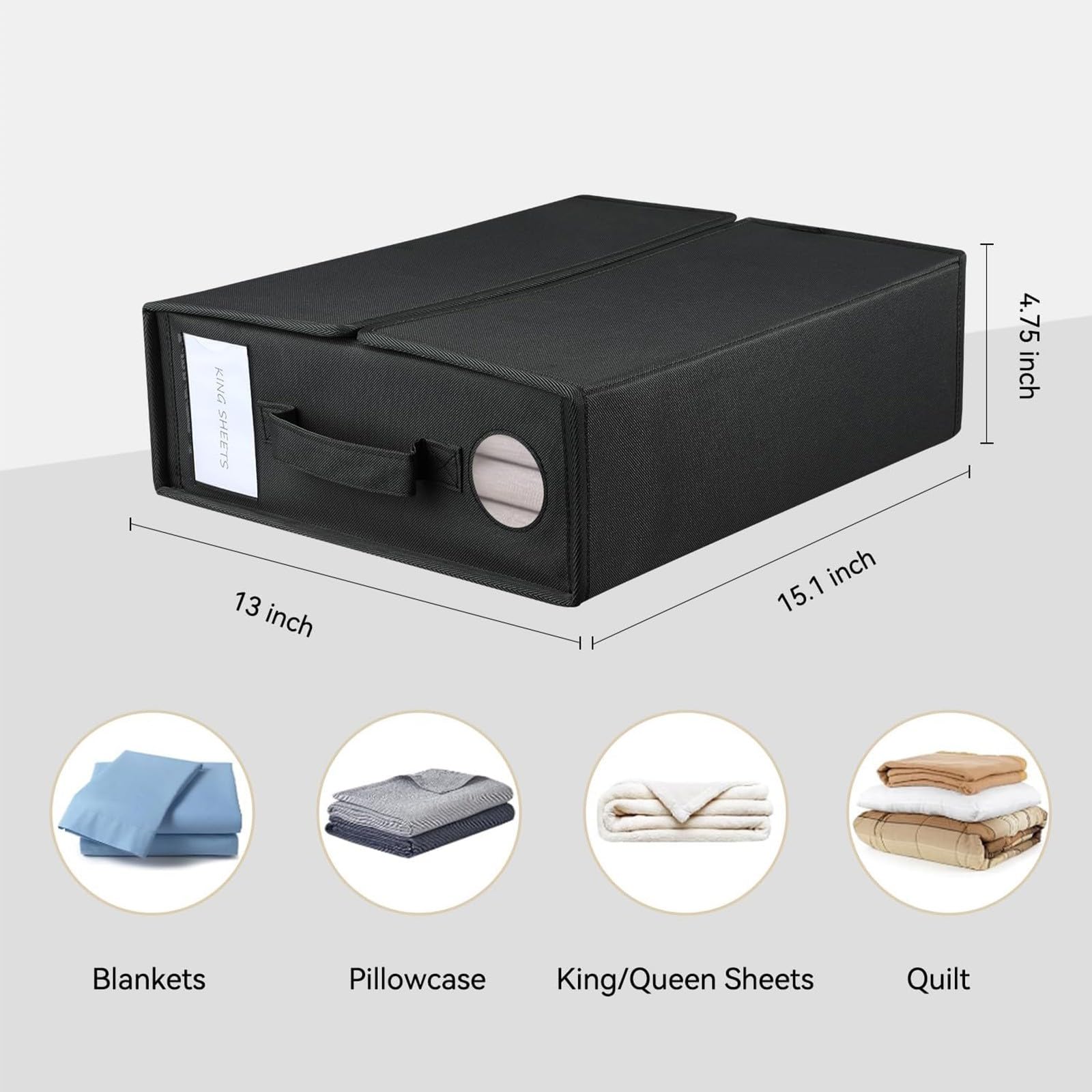 AHLOKI 4 Pack Pieghevole Organizzatore di Lenzuola, Tessuto Oxford con Finestra Trasparente ed Etichetta e Cerniera per Lenzuola, Copripiumini, Coperte, Cuscini, Vestiti e Asciugamani(Black)