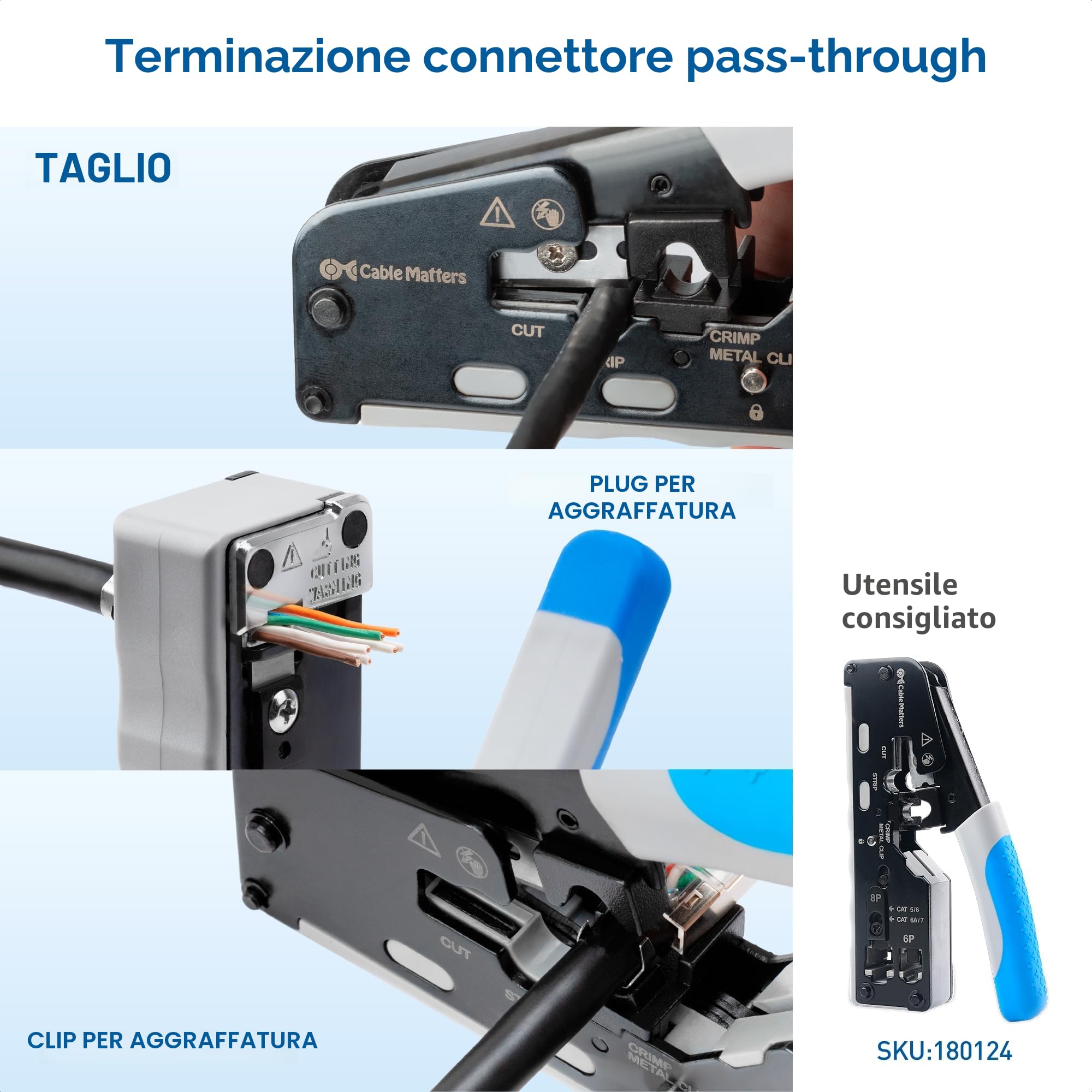 Cable Matters Confezione da 20 connettori passanti schermati RJ45 Cat8 Cat7 Cat6 23-24AWG con fermacavo per cavi Ethernet solidi o intrecciati (connettori passanti RJ45 Cat8/connettori passanti Cat 8)
