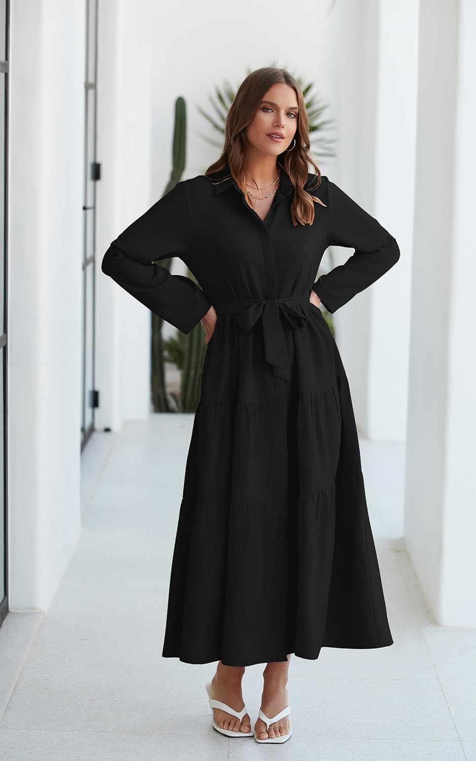 ECOWISH Women's Maxi Shirt Dress - 2026 Long Sleeve Button Casual Fall A-line Work Tiered Dresses with Belt and Pockets - Image 6