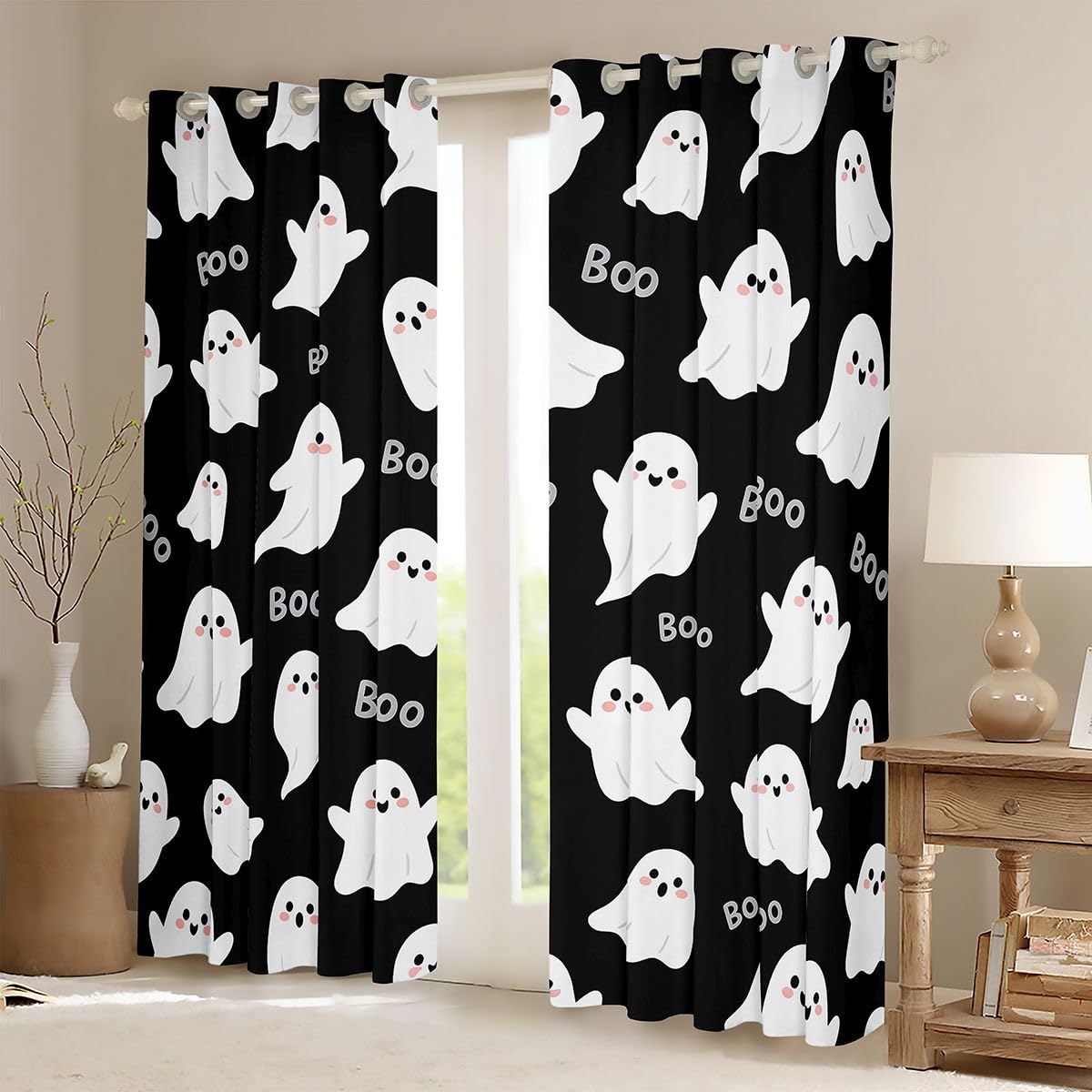 Homemissing Happy Halloween - Cortinas opacas con diseño de fantasmas espeluznantes para decoración de dormitorio, sala de estar, cortinas con aislamiento térmico en blanco y negro, 2 paneles de 46