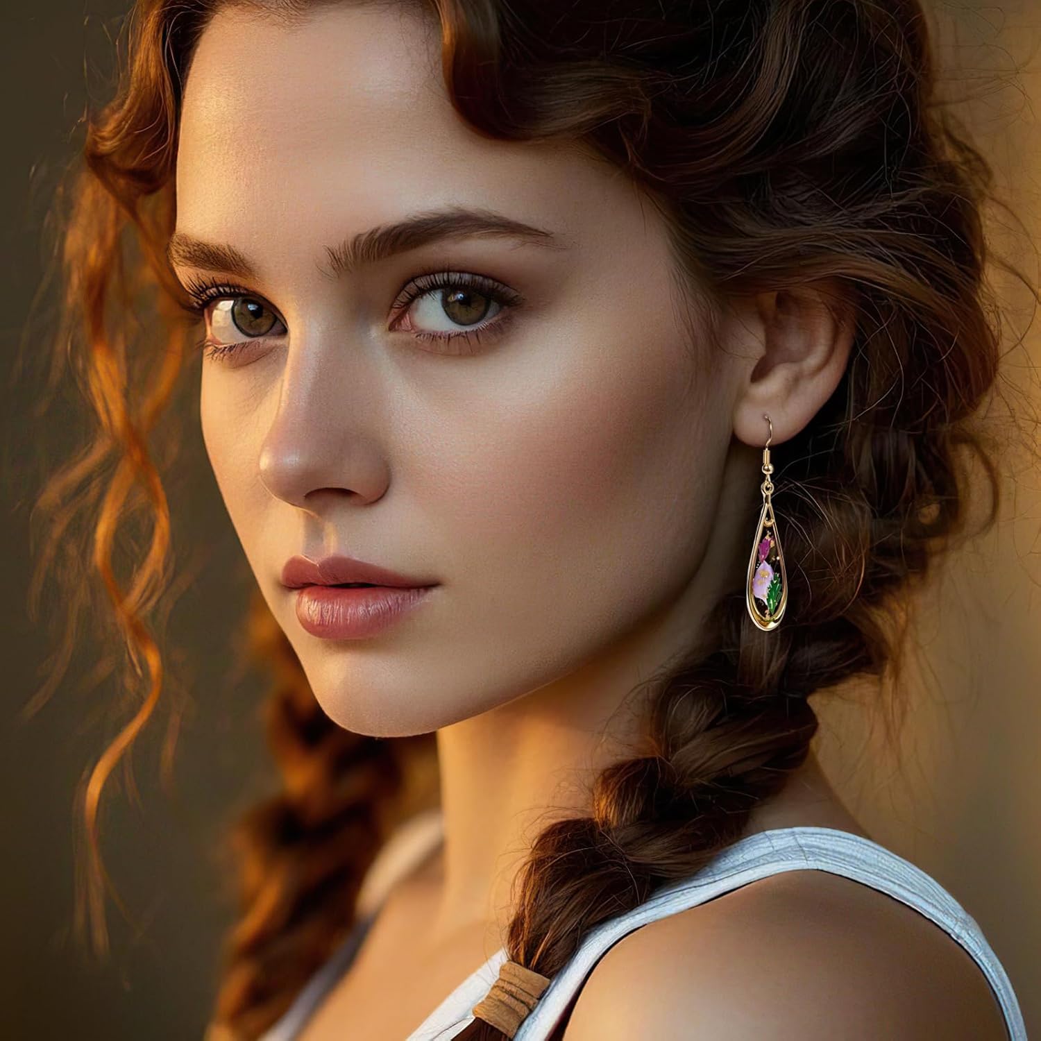 Gold Flower Dangle Drop Earrings for Women, Hypoallergenic Lightweight 18K Gold Plated Earrings, Tear Drop Gold Foil & Dried Flower Summer Earrings Jewelry for Women - Image 3