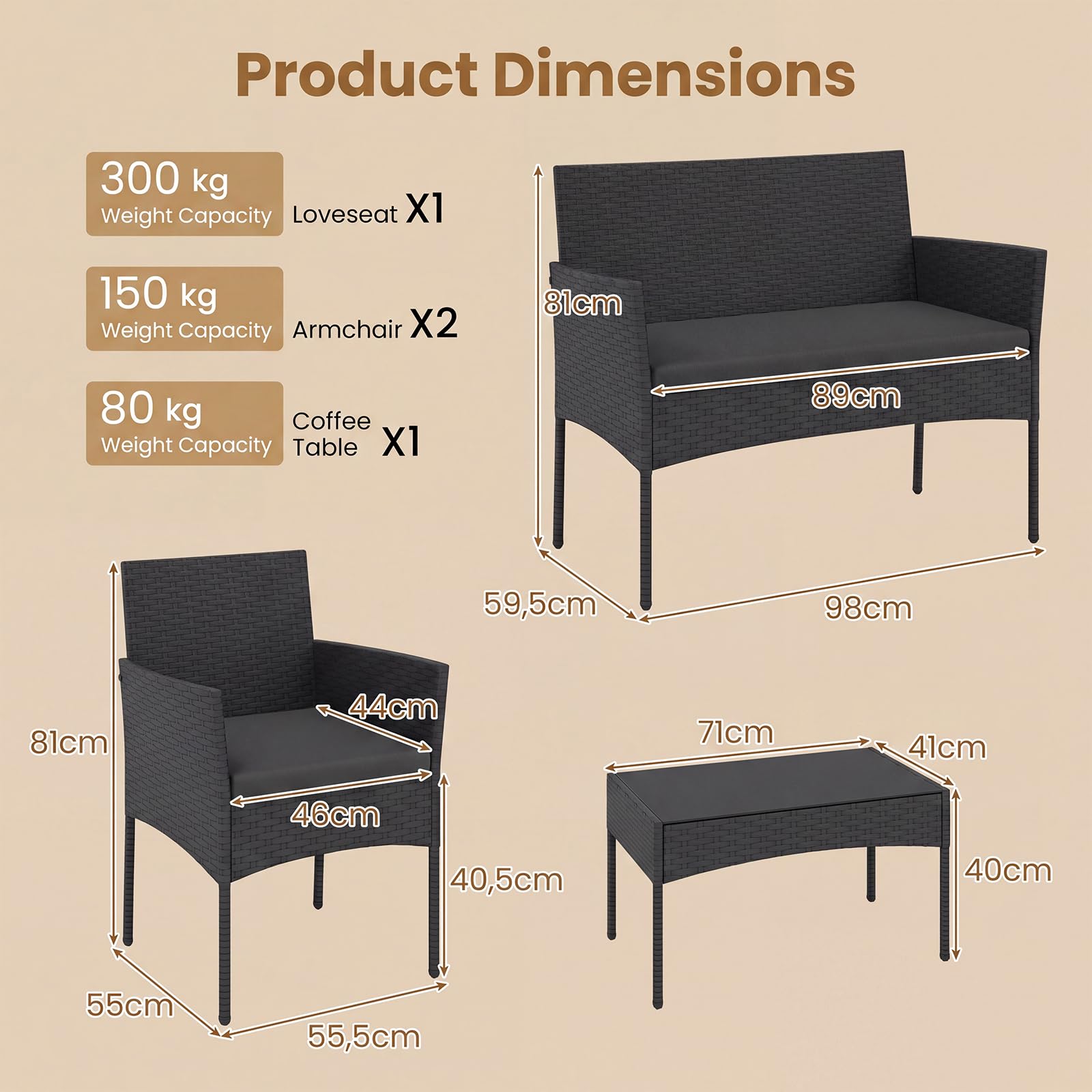 SOARS Salotto da Giardino 4 Pezzi, Set da Esterno in Rattan con 1 Divano 2 Posti, 2 Poltrone, 1 Tavolino in Vetro Temperato, Set Mobili da Giardino con Cuscini per Balcone, Terrazzo (Nero)