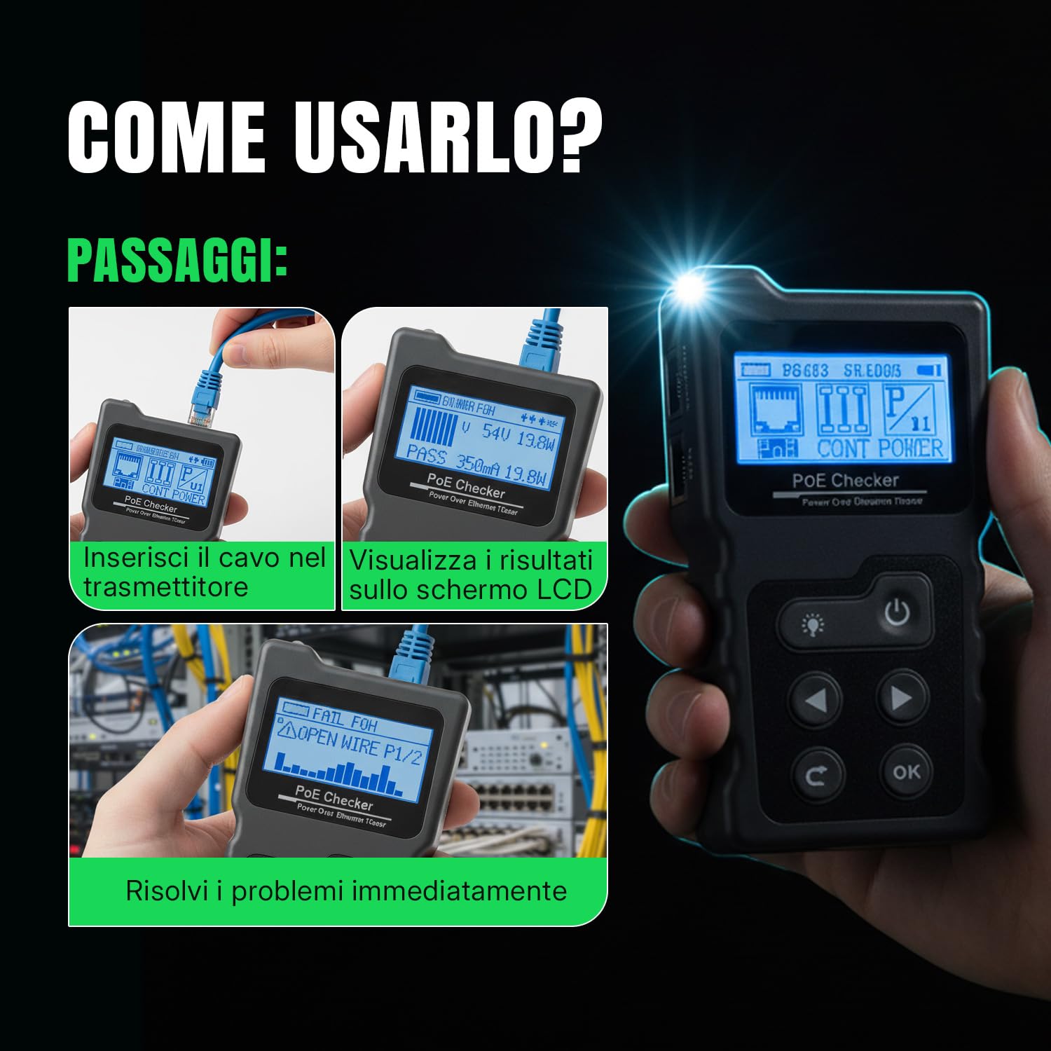 Tester di Rete RJ45,Tester Cavi LAN con LCD & Funzione POE Test per Verificare lo Stato di Cortocircuito, Incrocio e Circuito Aperto dei Cavi di Rete