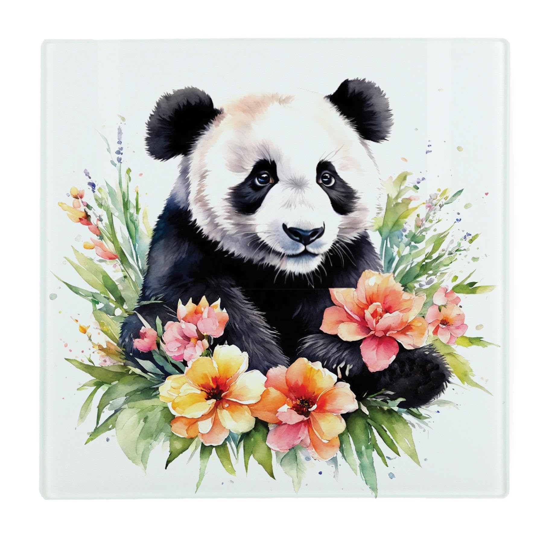 Floral Panda Large Square Glass Worktop Protector - Exotic Animals & Flowers Nature Wildlife Gifts - Smooth Kitchen Chopping/Cutting Board Worktop Saver with Non-Slip Feet 30cm x 30cm (12" x 12")