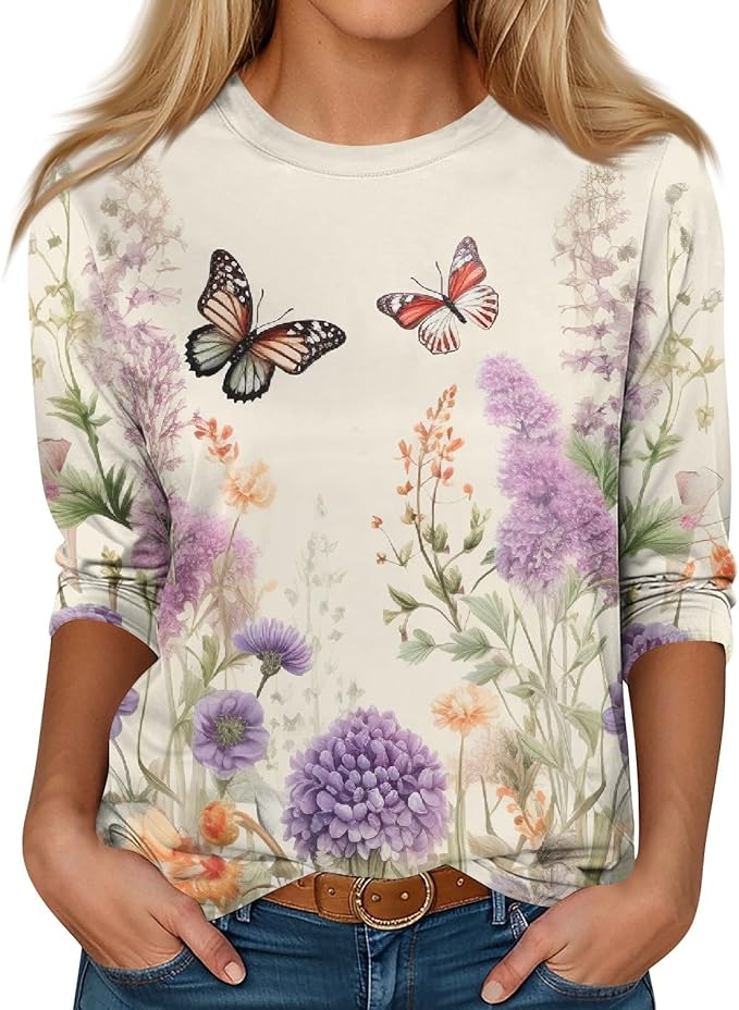 black Sale friday deals Shirts for Women 3/4 Length Sleeve Crewneck Tops 2024 Winter Casual Loose Fit Printed Tee Cute Basic Blouses for Women at Amazon Women’s Clothing store