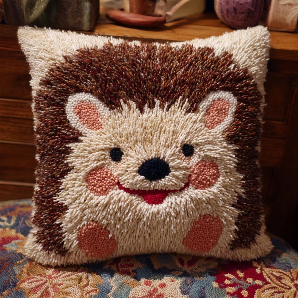 kitphoenix DIY Latch Hook Kit Smiling Hedgehog 3D Pillow Materials Package Embroidery Kits Cross Stitch Sofa Cushion Cover with Hook Tool Fit for and Adults 17X17Inch