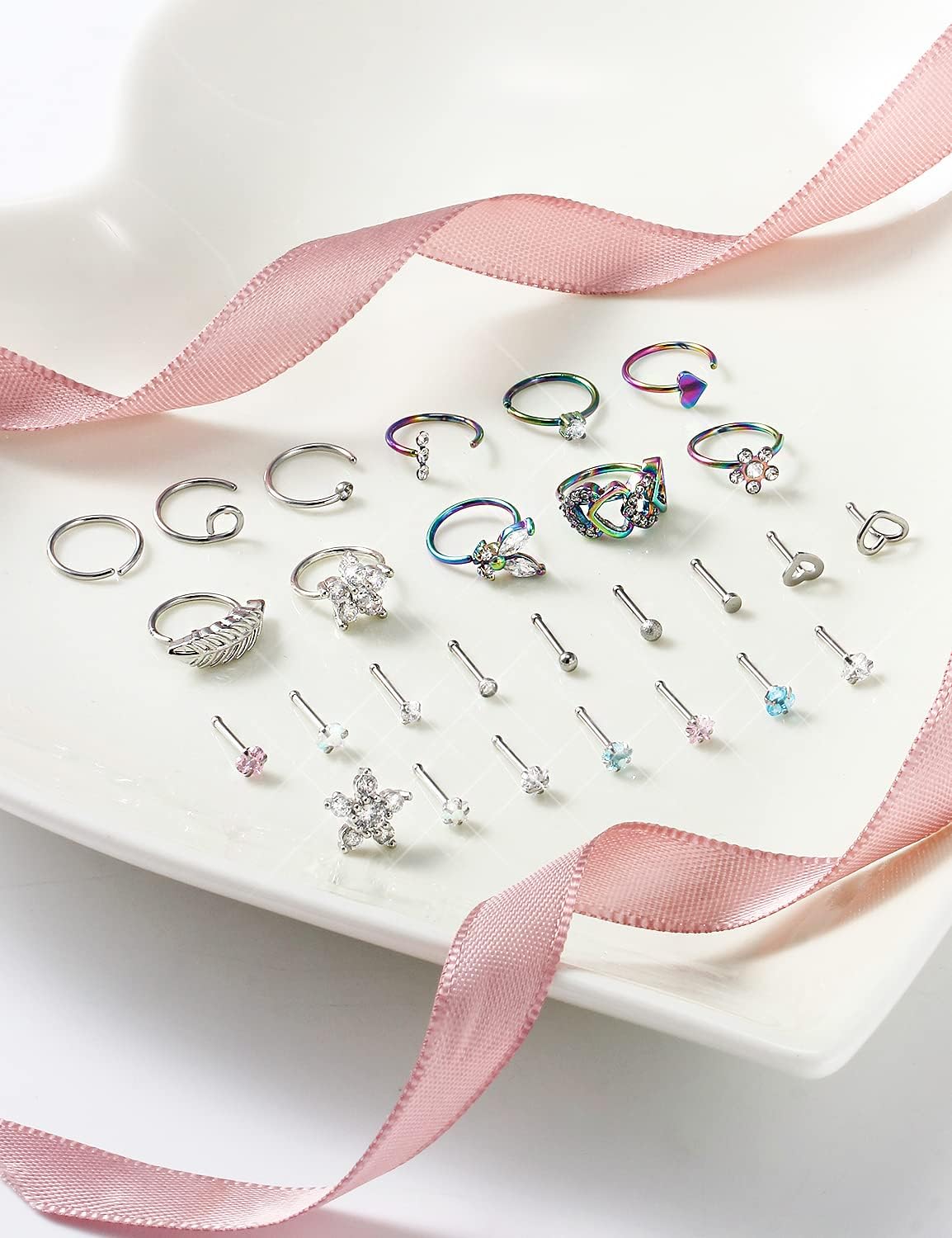 Prjndjw 20G Nose Rings Studs Hoop For Women Surgical Steel Nose ring hoop Heart CZ Flower Nose Piercing Jewelry Straight Bend L Shaped Nose Rings 28Pcs 6.5mm Nose Piercing Kit Purpke - Image 5