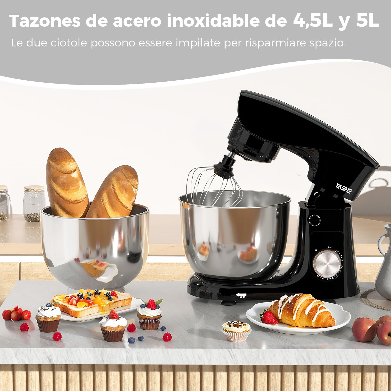YASHE Batidora Amasadora 1500W, 4,5 + 5L Doble Bol de Acero Inoxidable, 10+P Velocidades, Movimiento Planetario, Cabezal Inclinable, Gancho para Masa, Batidor y Varillas