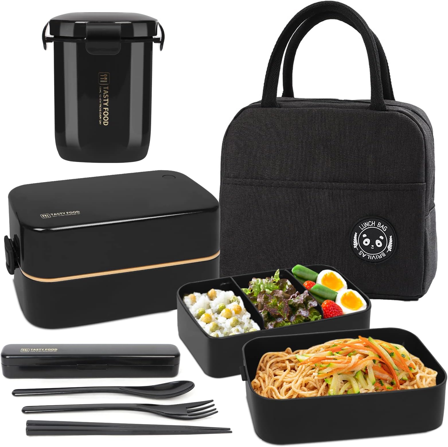 2 Tier Lunch Box Bento Box with Lunch Bag Cutlery, Bento Lunch Boxes with Adjustable Compartments for Adults and Kids, Portable Leakproof Food Container Lunchbox for Work and School, Black