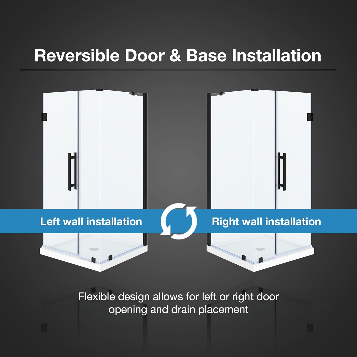 Diagram showing reversible door and base installation options for left and right wall setups.