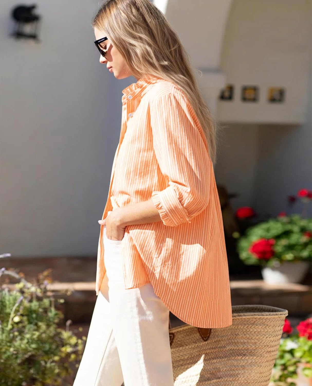 siliteelon Womens Striped Button Down Blouse Dress Casual Long Sleeve Shirt Ruffle Trendy V Neck Office Work Tops - Image 5