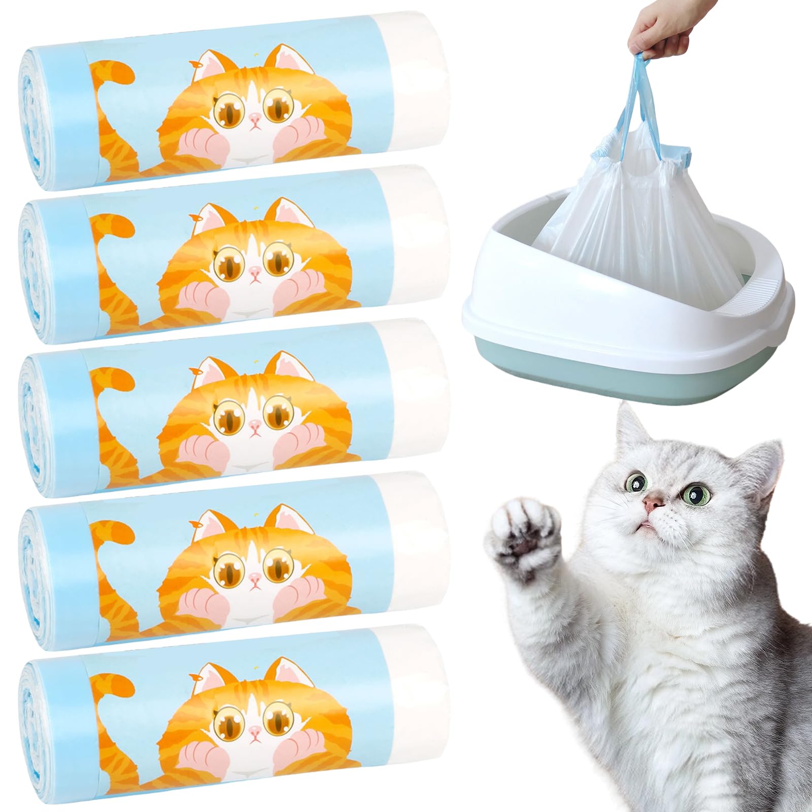 100 sacchetti per lettiera per gatti, 58 x 35 cm, con laccetti, autopulenti, sacchetti per lettiera per gatti, resistenti e antistrappo, a tenuta stagna