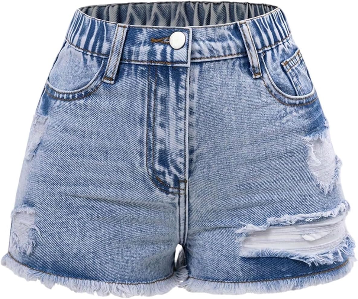 GORGLITTER Girl's Ripped Jean Shorts Y2k Frayed Trim Zipper Fly Distressed Skinny Mini Denim Shorts