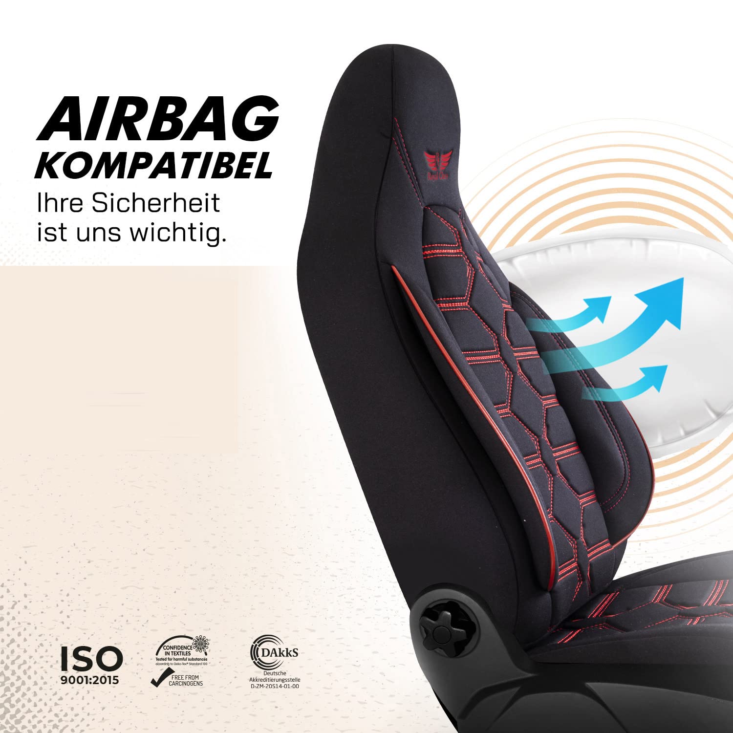 Auto Sitzbezüge für Pilot Vordersitze Fahrer und Beifahrer kompatibel für Sunlight Wohnmobil Caravan in Schwarz Rot Pilot 2.2 das Sitzbezugsset mit Sitzschoner Airbag Auto Zubehör