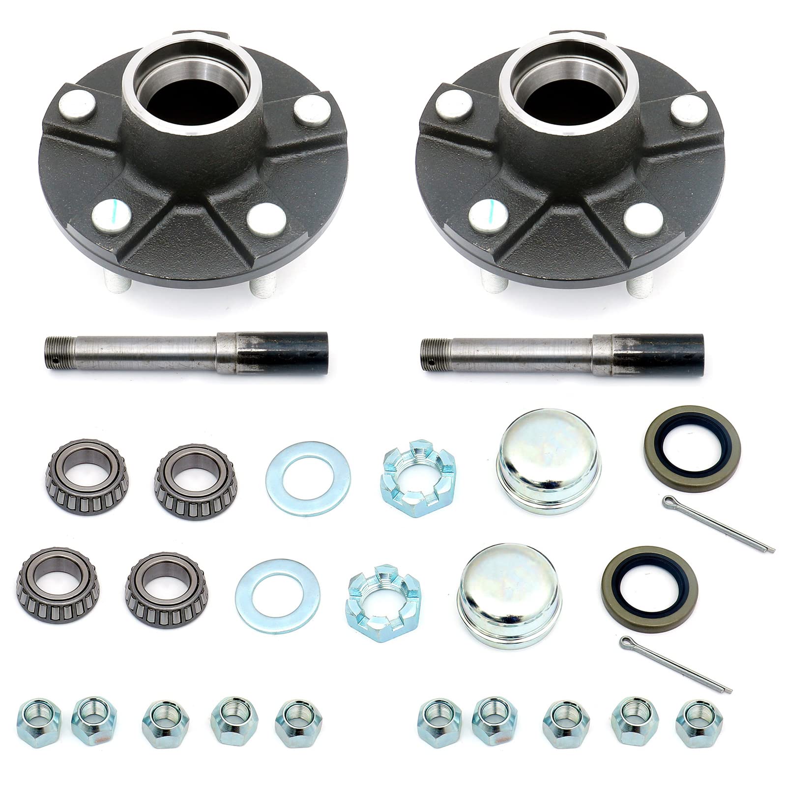 FKG Trailer Hub Spindle Kit 5 Bolt on 4.5 Inch Circle 5-4.5" Bolt Circle Hub Fit for 2,000 lb. axles with 1" Straight Spindle, Set of 2