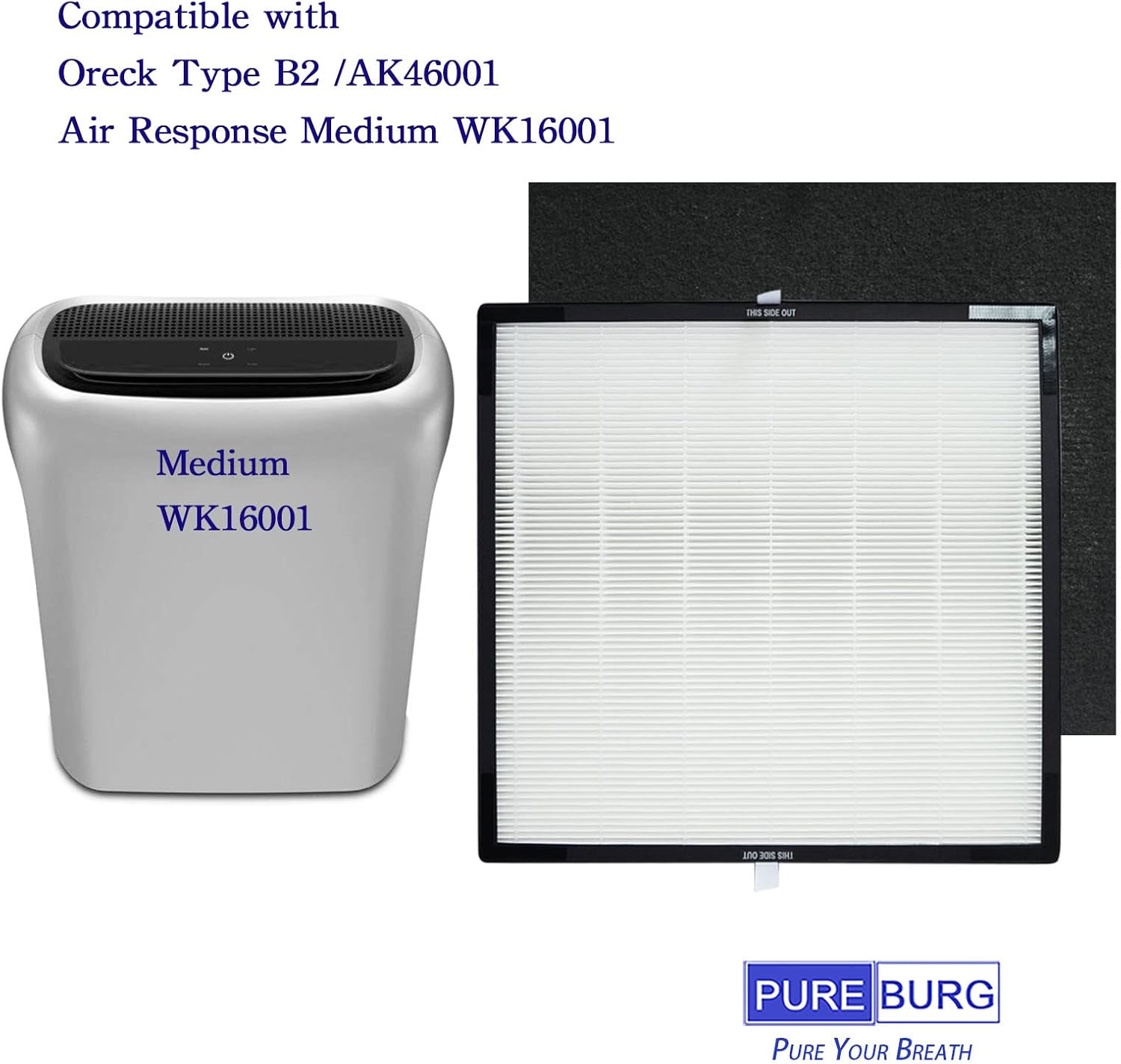 PUREBURG AK46001 Replacement Filter Set Compatible with Oreck Air Response Medium AK46001 Air Purifier Type B2,2-Pack H13 HEPA + Activated Carbon Pre-Filters Air Clean Dust - Image 3