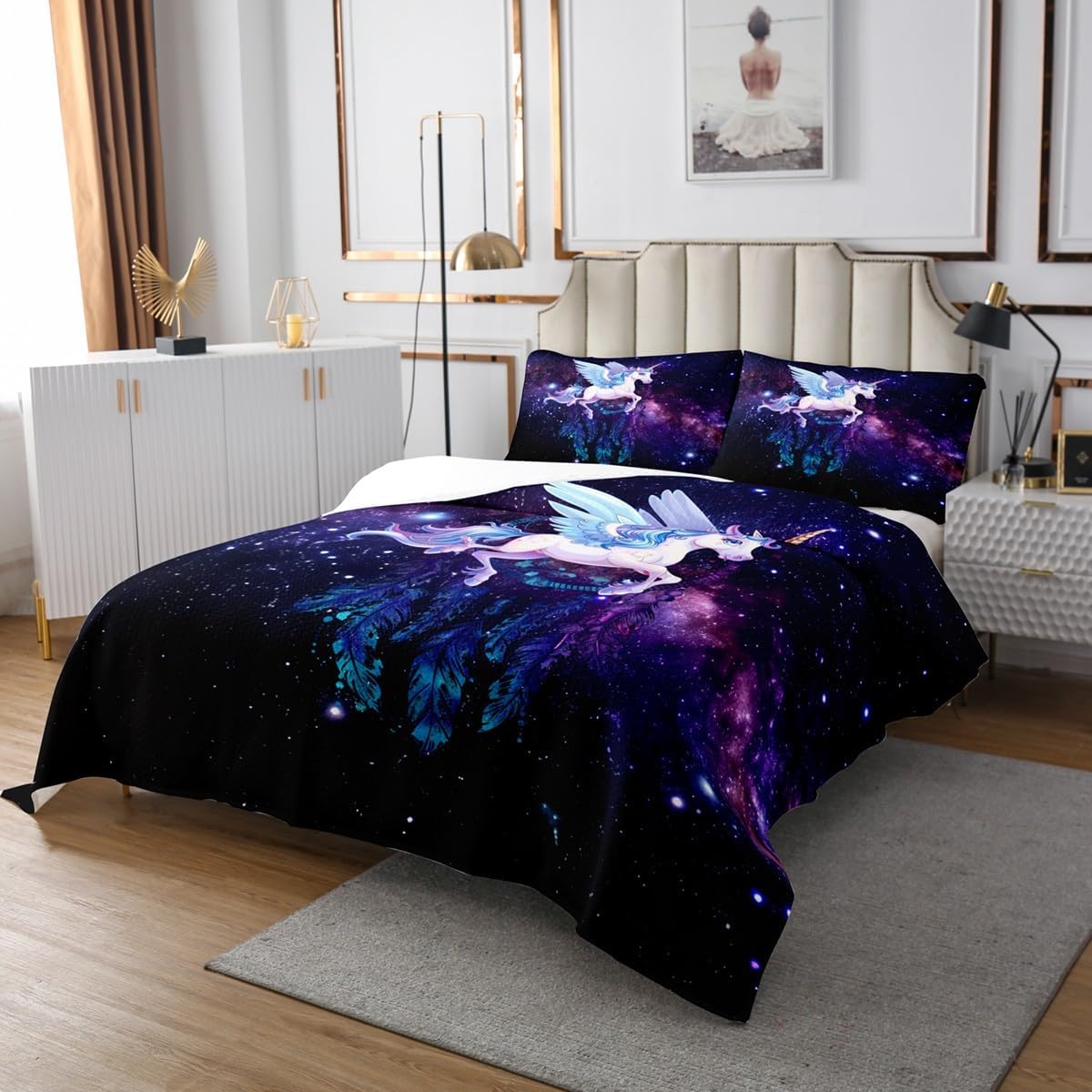 Unicorn Bedspread Twin Size,Galaxy Dream Catcher Bedding Set for Kids Boys Girls Room Decor,Glitter Stars Rainbow Horse Coverlet Set 2Pcs,Dreamcatcher Outer Space Fantasy Quilt,1 Pillowcase