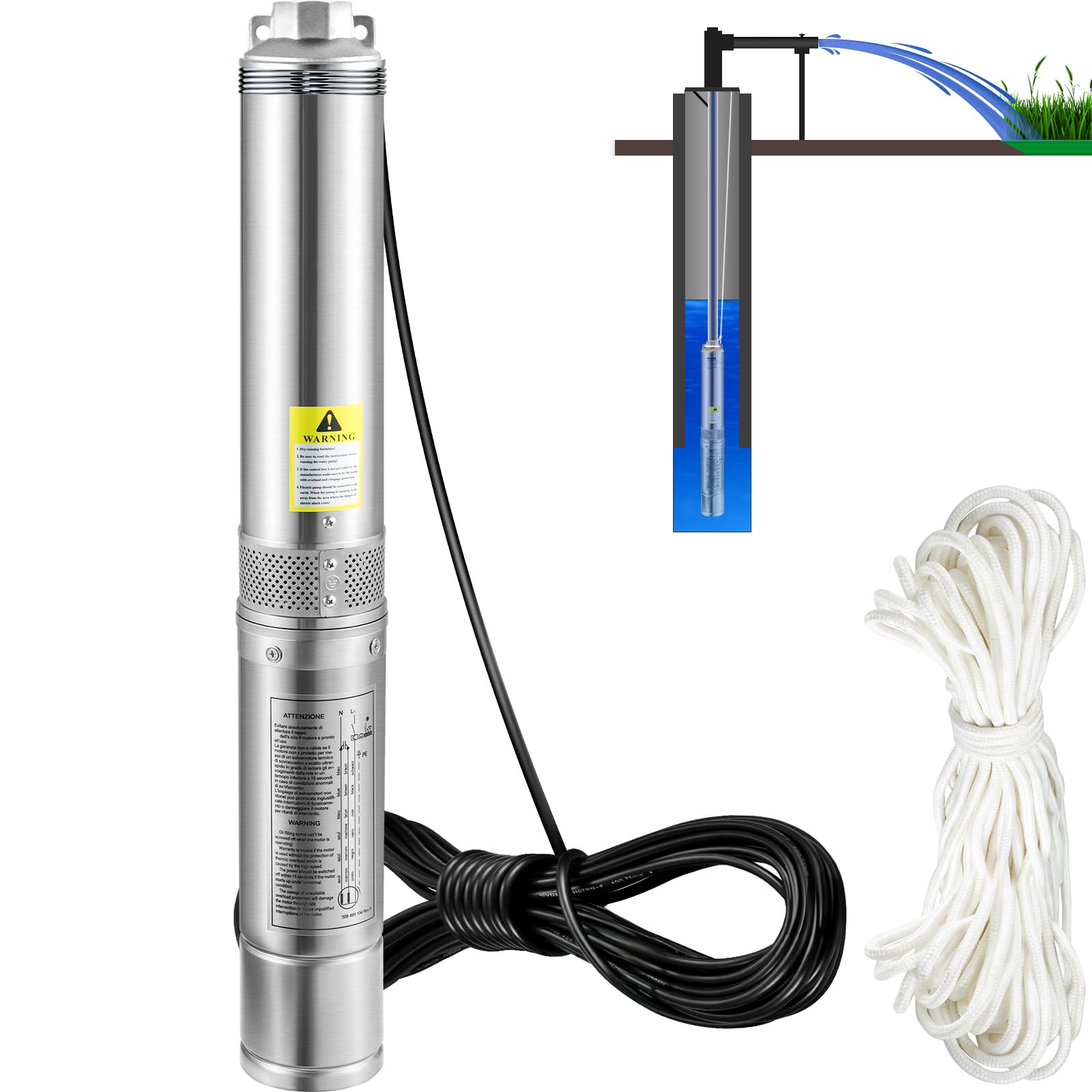 VEVOR Pompa d'Acqua Sommergibile 750W Flusso 105L/​min per Piscina Giardino Orto in Acciaio Inox, Pompa Sommersa per Pozzo 230V Prevalenza Max. 62m, Pompa Sommersa per Pozzo Piscina con Cavi