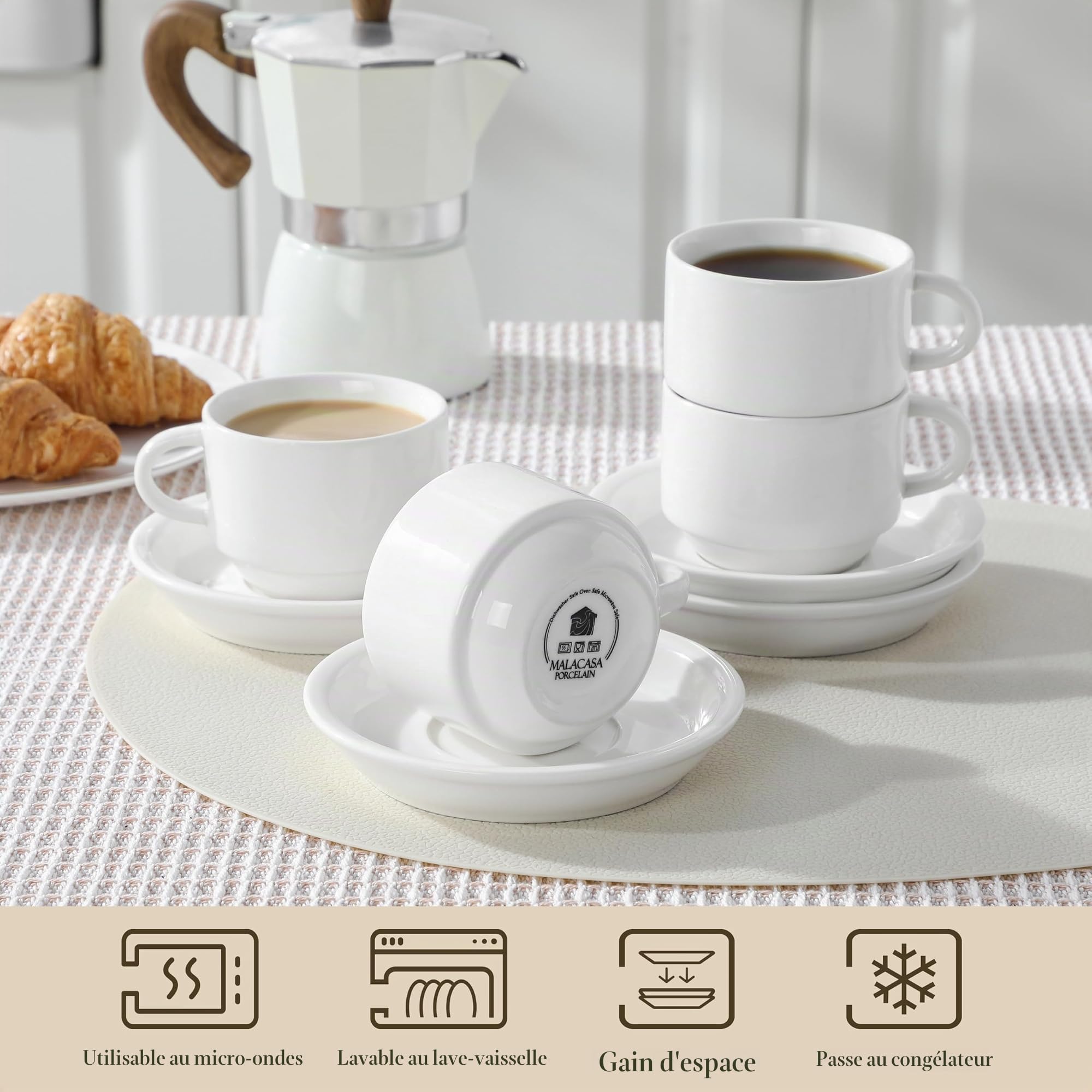 MALACASA Série REGULAR, Lot de 4 Tasses à Café pour 4 Personnes, 150 ml, Service à Café Empilable avec Soucoupe et Support en Métal，Idéal pour Expresso, Cappuccino, Latte, Moka et Thé, Blanc