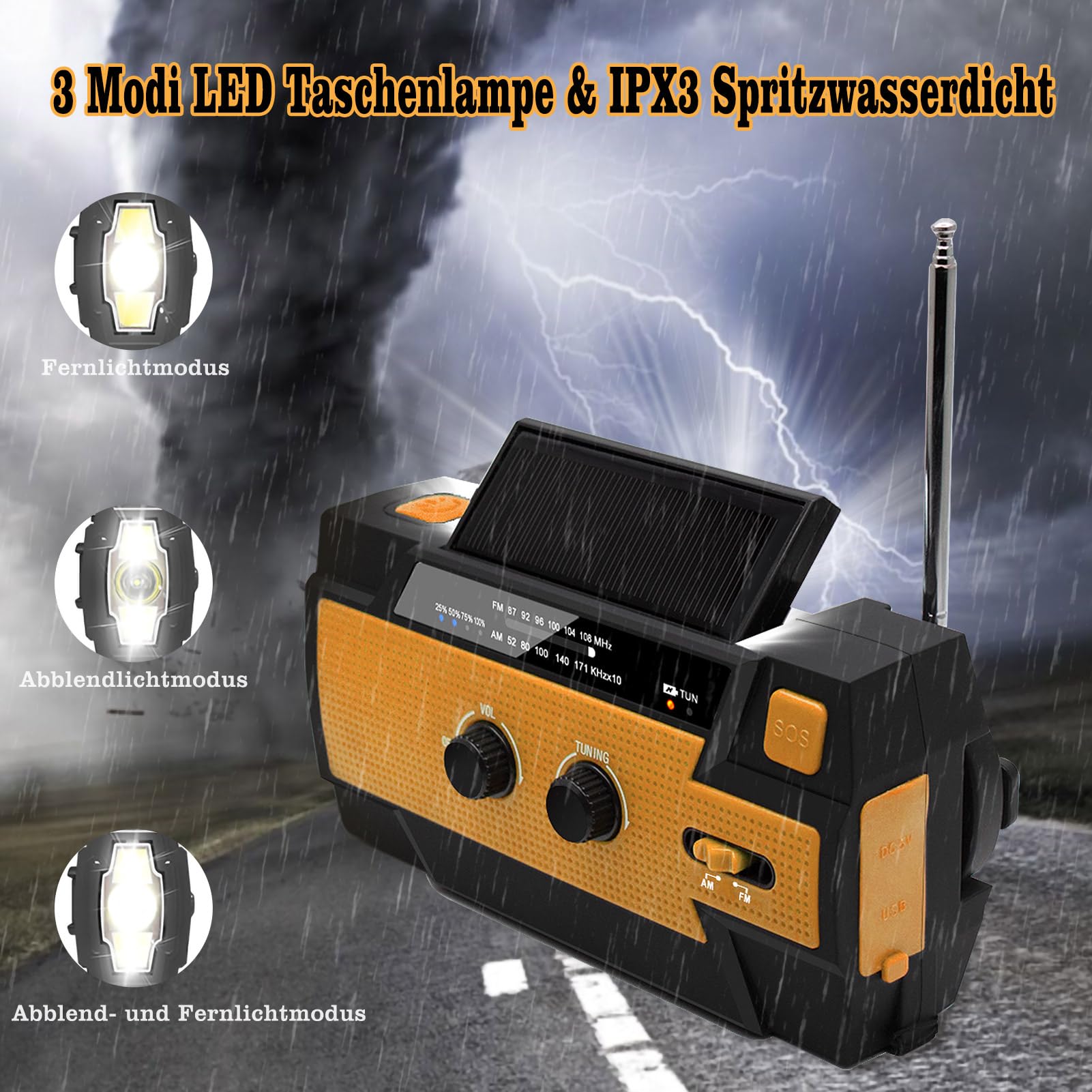 Nigecue Solar Radio, Tragbar Kurbelradio Dynamo Radio mit AM/FM, Eingebaute 4000mAh Wiederaufladbare Batterie, 4 Modi LED Taschenlampe, LED Leselampe mit Bewegungssensor, SOS-Alarm für Notfall Ourdoor