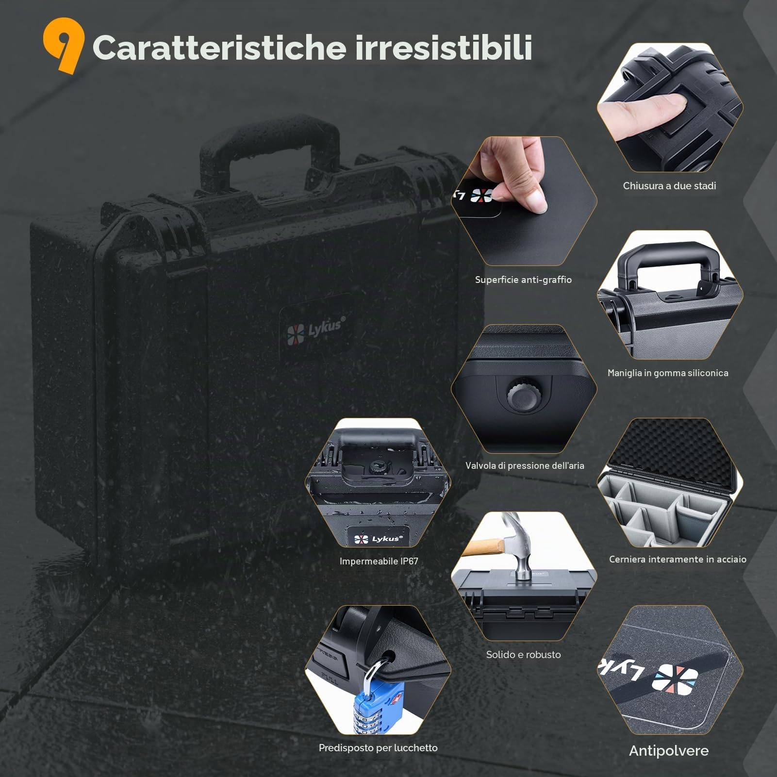 Lykus PVC1 Valigia Custodia Case rigida impermeabile con divisori imbottiti per fotocamere, obiettivi, droni DJI Mavic/Air/Mini duali