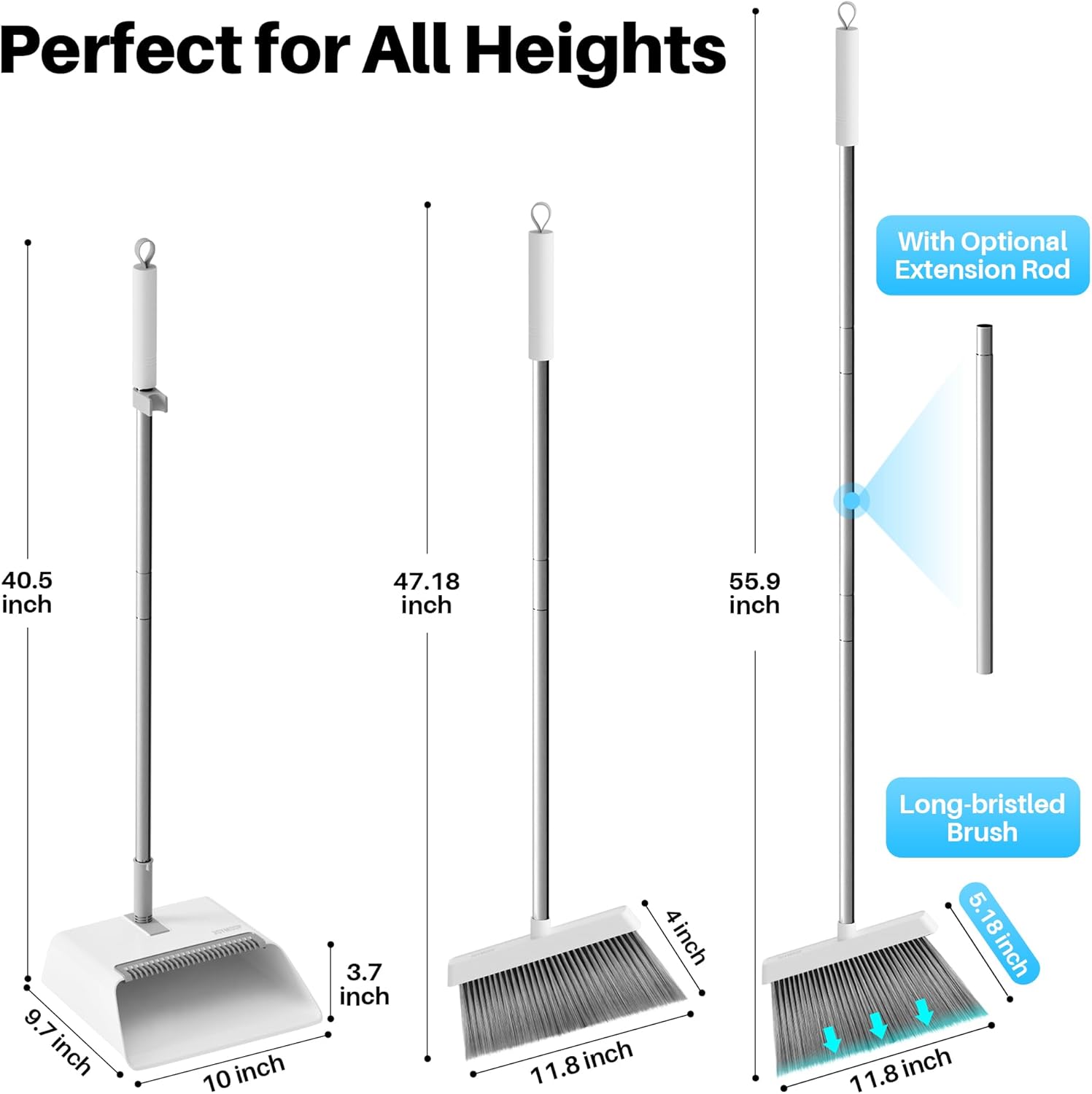 JOYMOOP White Broom and Dustpan Set, Upright Angle Design with Built-in Comb Teeth for Kitchen, Office, Pet Hair, Hard Floors - Image 4