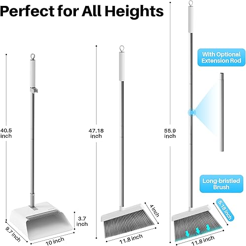 Miniatura 4 de JOYMOOP Juego de escoba y recogedor blanco, diseño angular vertical con dientes de peine incorporados para cocina, oficina, pelo de mascotas, suelos
